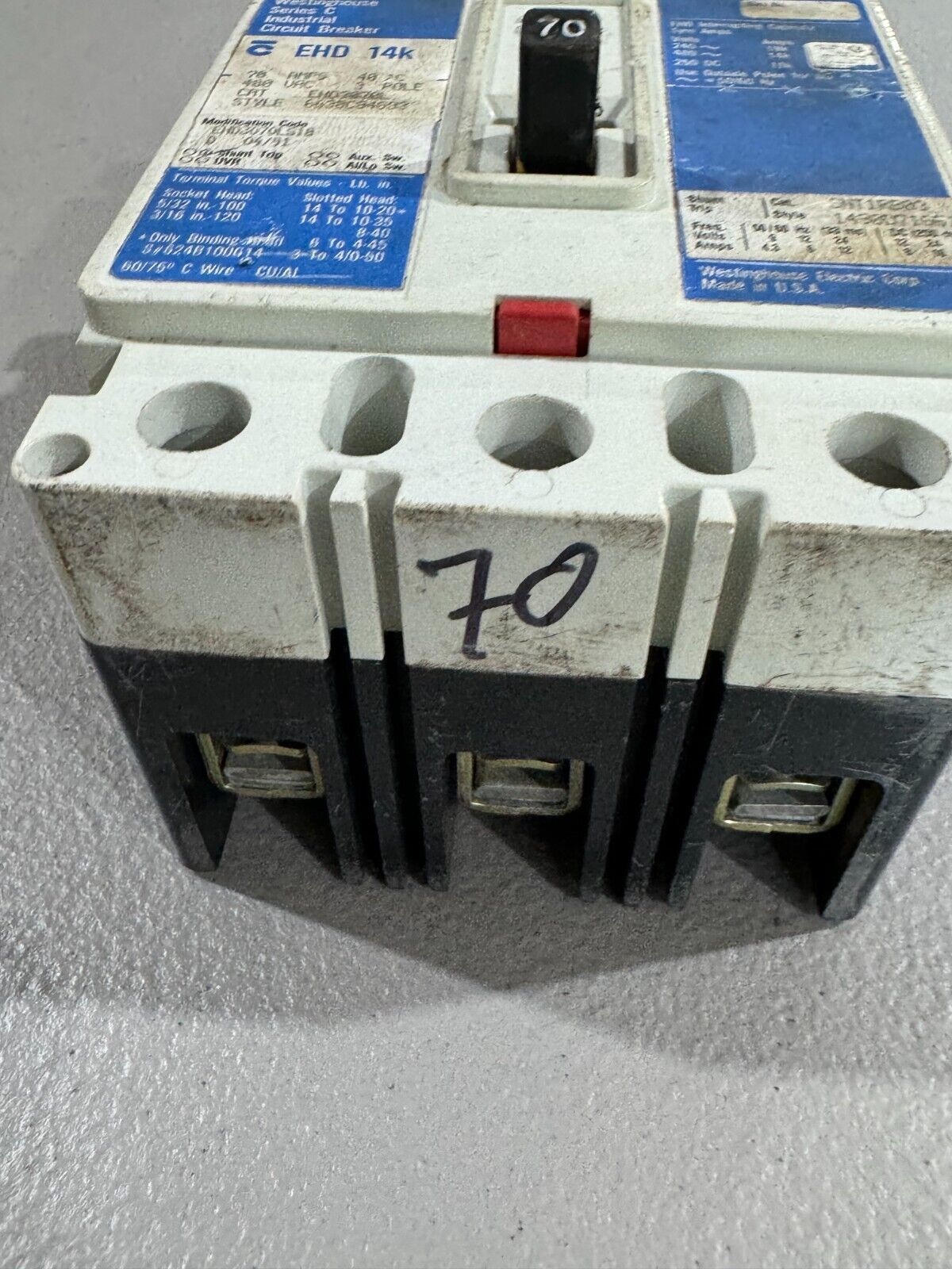 USED WESTINGHOUSE 3 POLE 70AMP CIRCUIT BREAKER EHD3070L