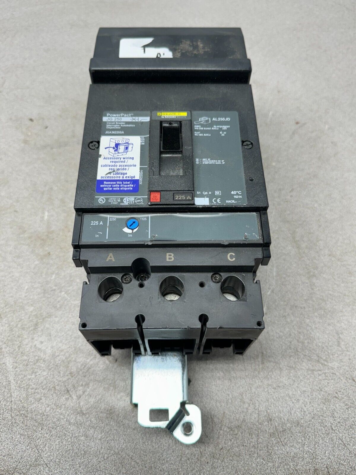 USED SQUARE D POWERPACT JG250 3 POLE 225AMP CIRCUIT BREAKER JGA36225SA