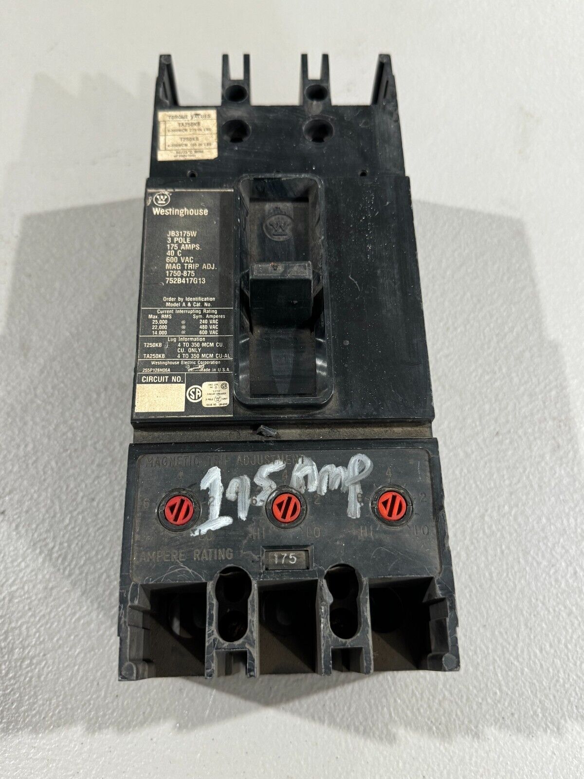 USED WESTINGHOUSE 3 POLE 175AMP CIRCUIT BREAKER JB3175W