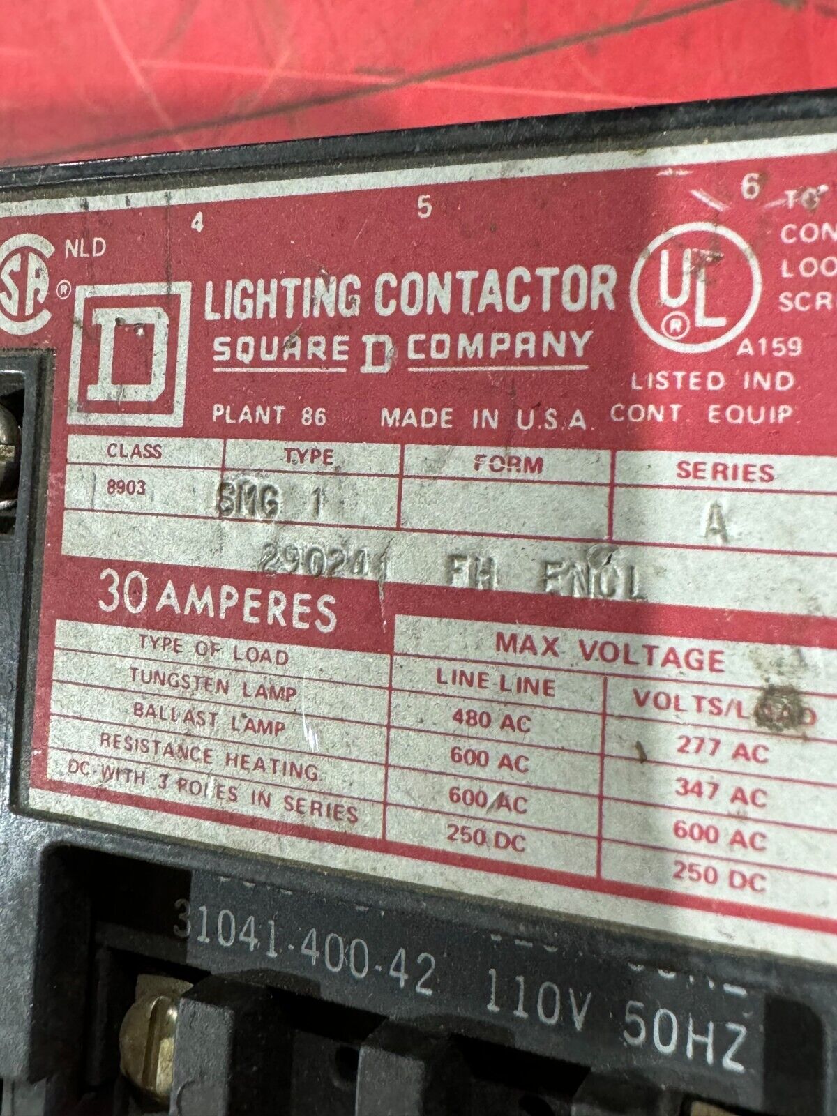 USED SQUARE D 30AMP LIGHTING CONTACTOR 110/120V. COIL 8903 SMG1