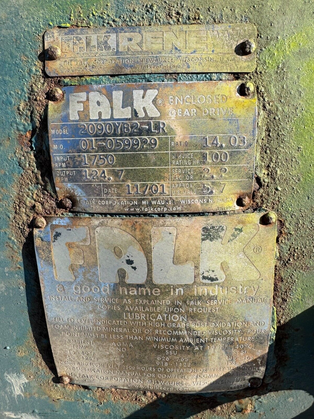 USED FALK ENCLOSED GEAR DRIVE SPEED REDUCER 14.03 RATIO 2090YB2-LR