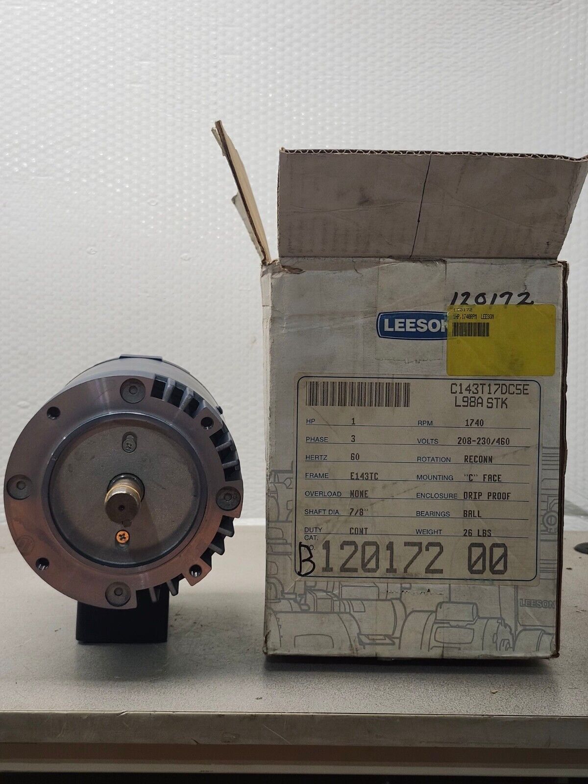 NEW IN BOX LEESON 1HP 1740RPM MOTOR 208-230V. E143TC FRAME 120172.00 C143T17DC5E