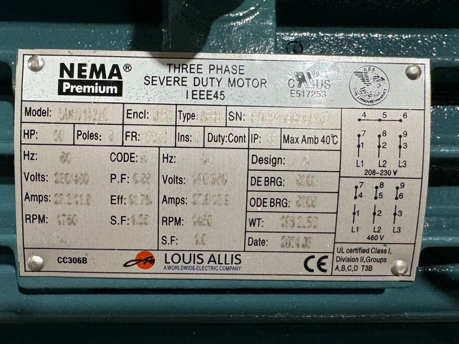 NEW WORLDWIDE LOUIS ALLIS 10HP 1750RPM MOTOR 215T FRAME 230/460V. LAM10-18-215T