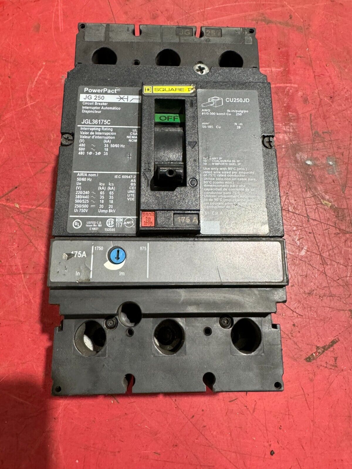 USED SQUARE D 3 POLE 175AMP POWERPACT JG 250 CIRCUIT BREAKER JGL36175C