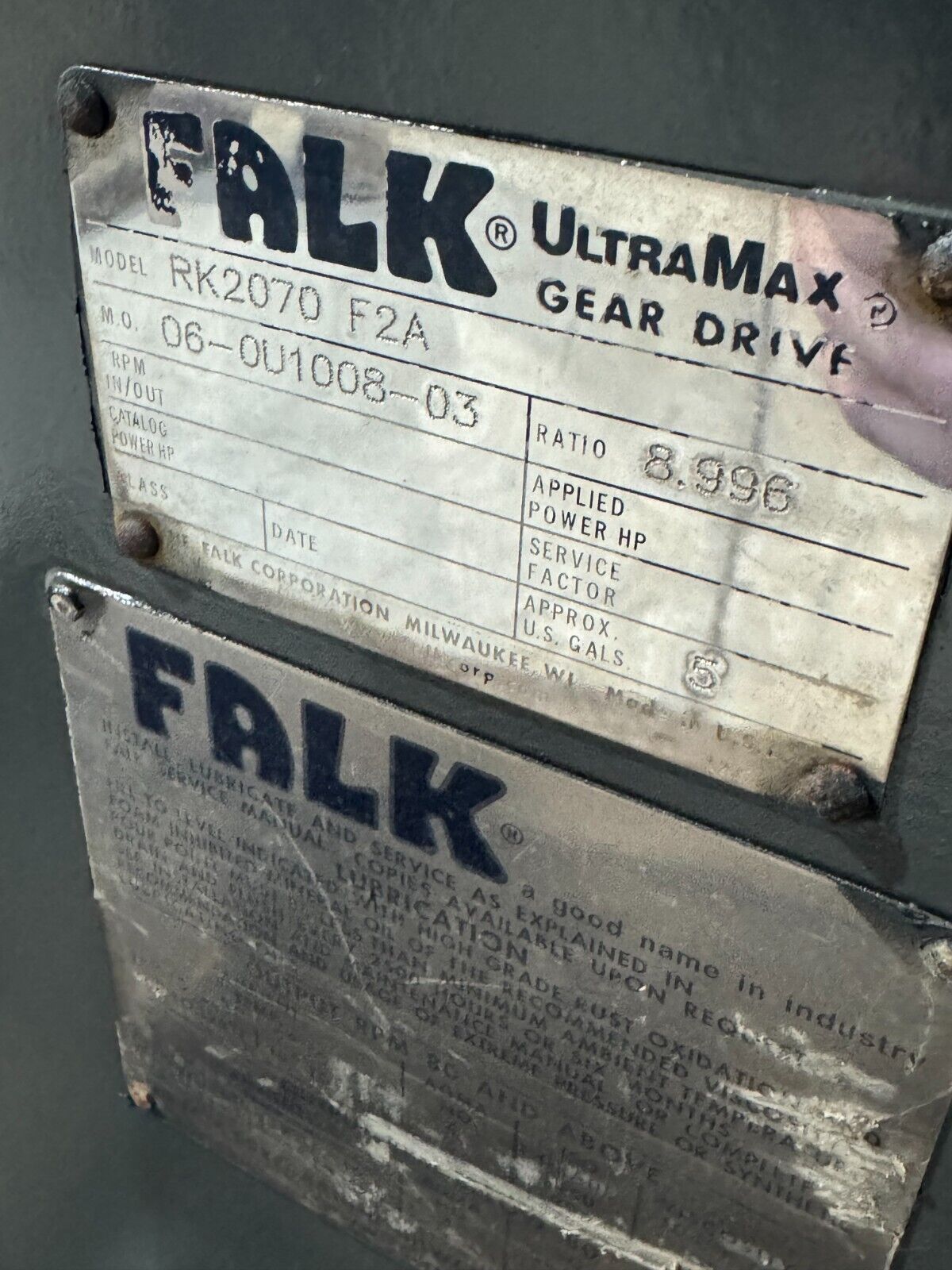 UNUSED SURPLUS FALK ULTRAMAX GEAR DRIVE SPEED REDUCER 8.996 RATIO RK2070 F2A