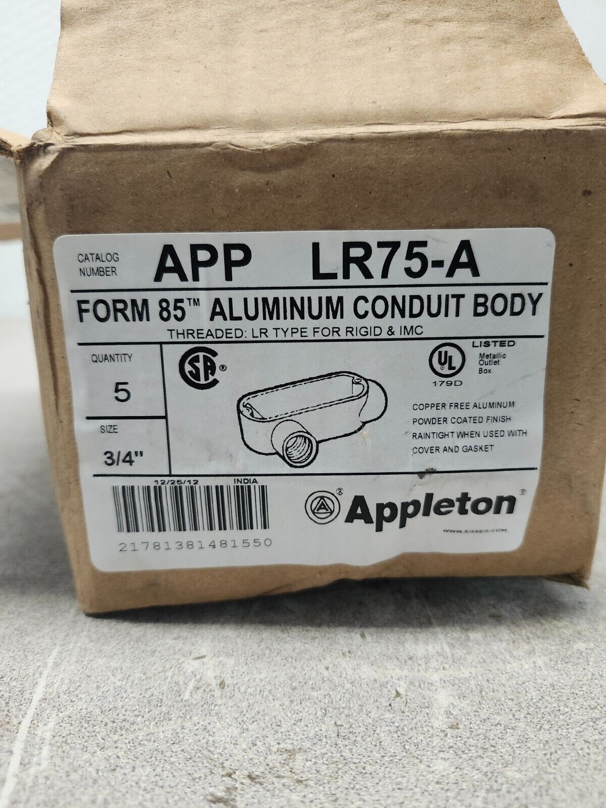 NEW IN BOX APPLETON FORM 85 ALUMINUM CONDUIT BODY APP LR75-A LOT OF 5