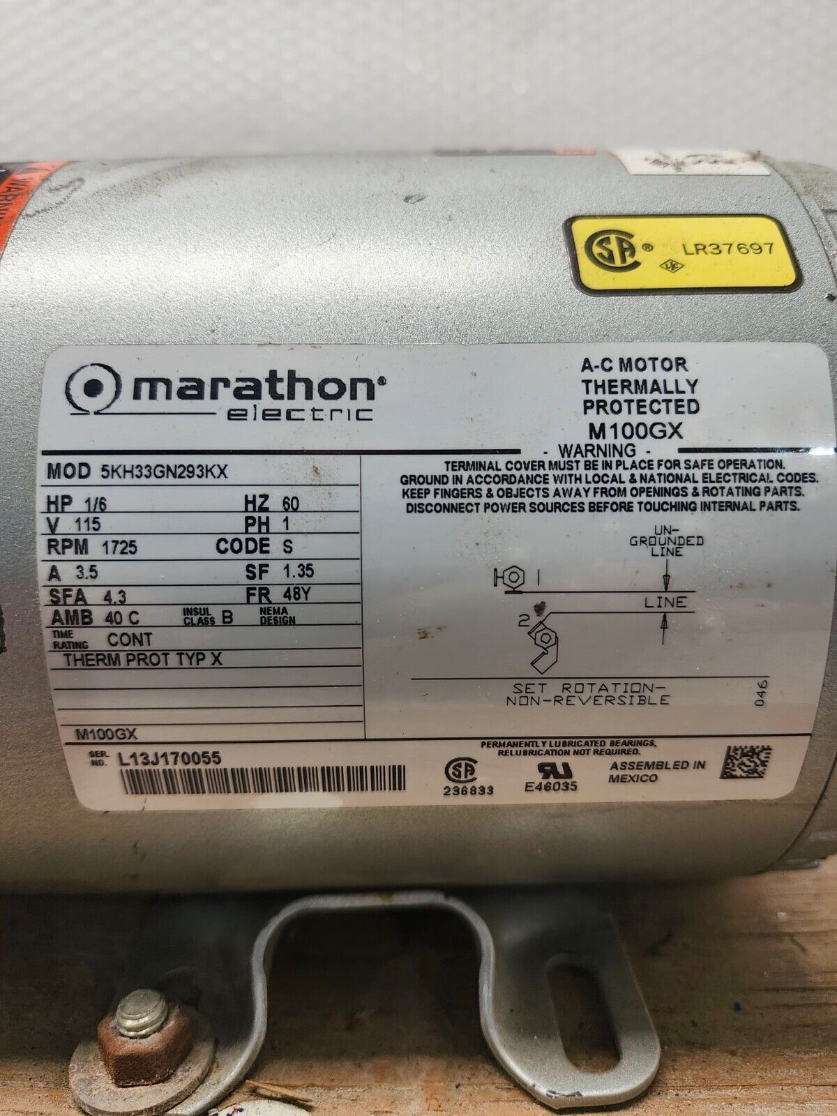 NEW NO BOX MARATHON THERMALLY PROTECTED AC MOTOR 5KH33GN293KX M100GX