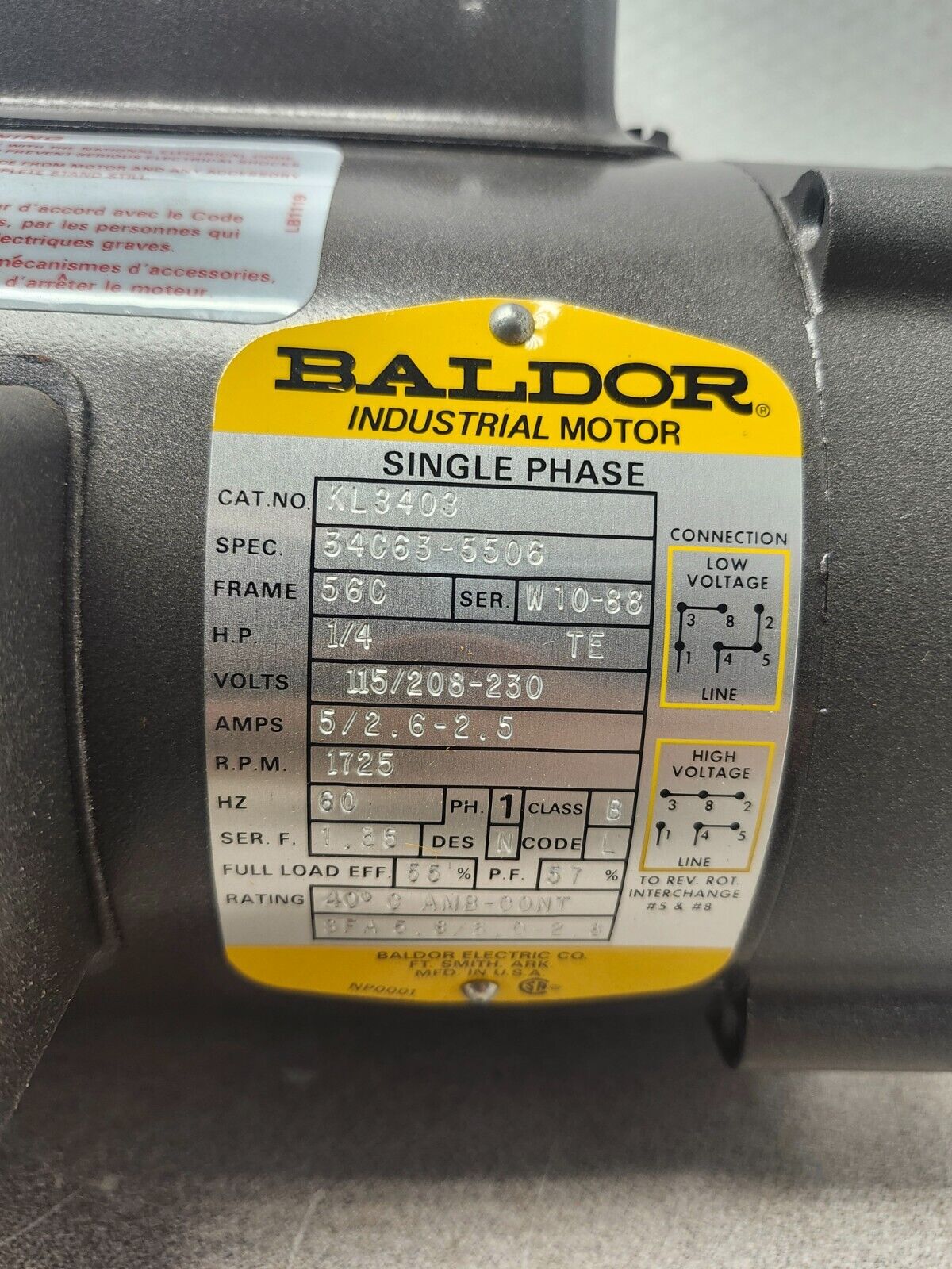 NEW IN BOX BALDOR INDUSTRIAL MOTOR H.P. 1/4, 60HZ, 1PH,  kl3403