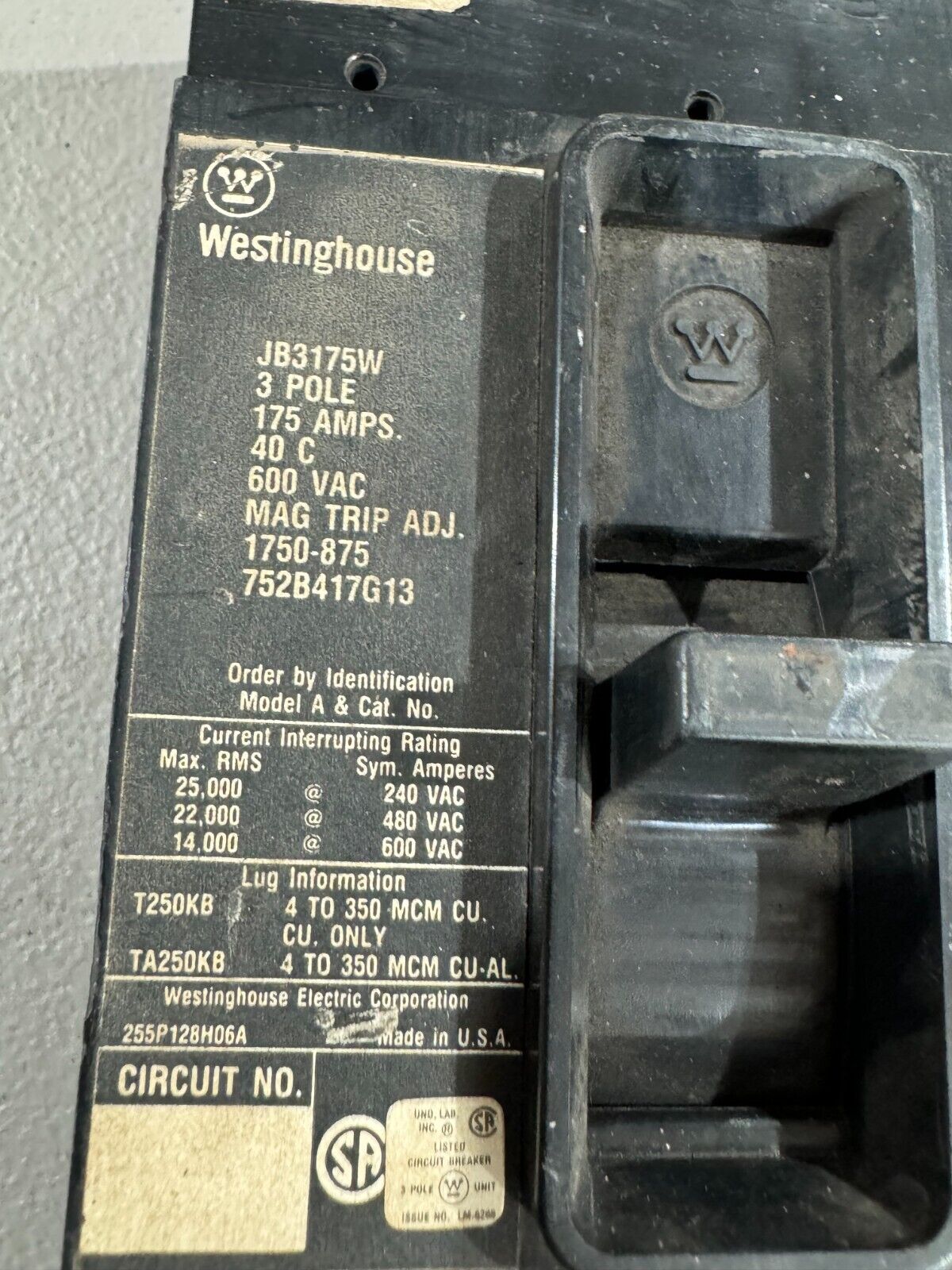 USED WESTINGHOUSE 3 POLE 175AMP CIRCUIT BREAKER JB3175W