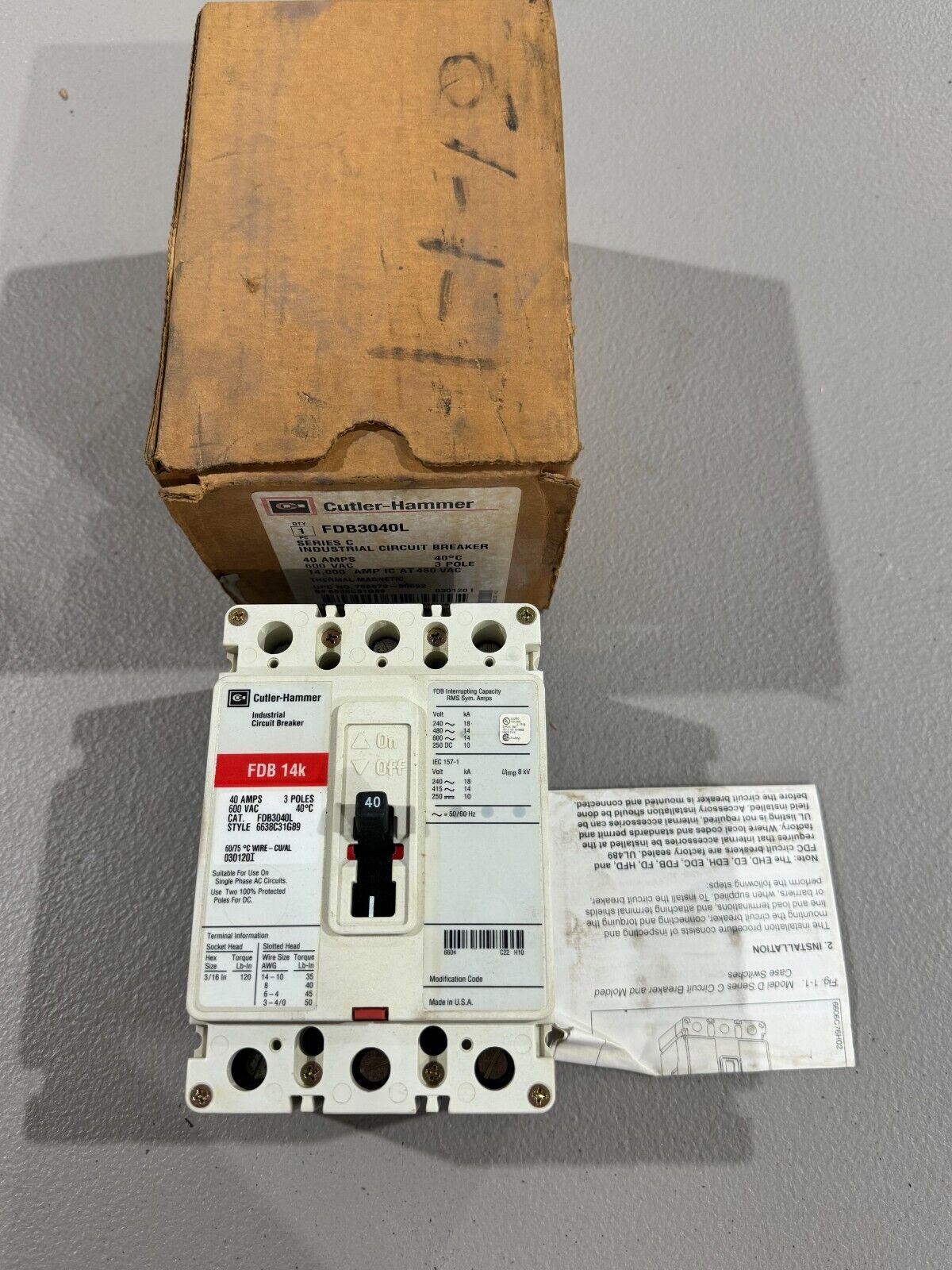 NEW IN BOX CUTLER-HAMMER 3 POLE 40AMP CIRCUIT BREAKER FDB3040L