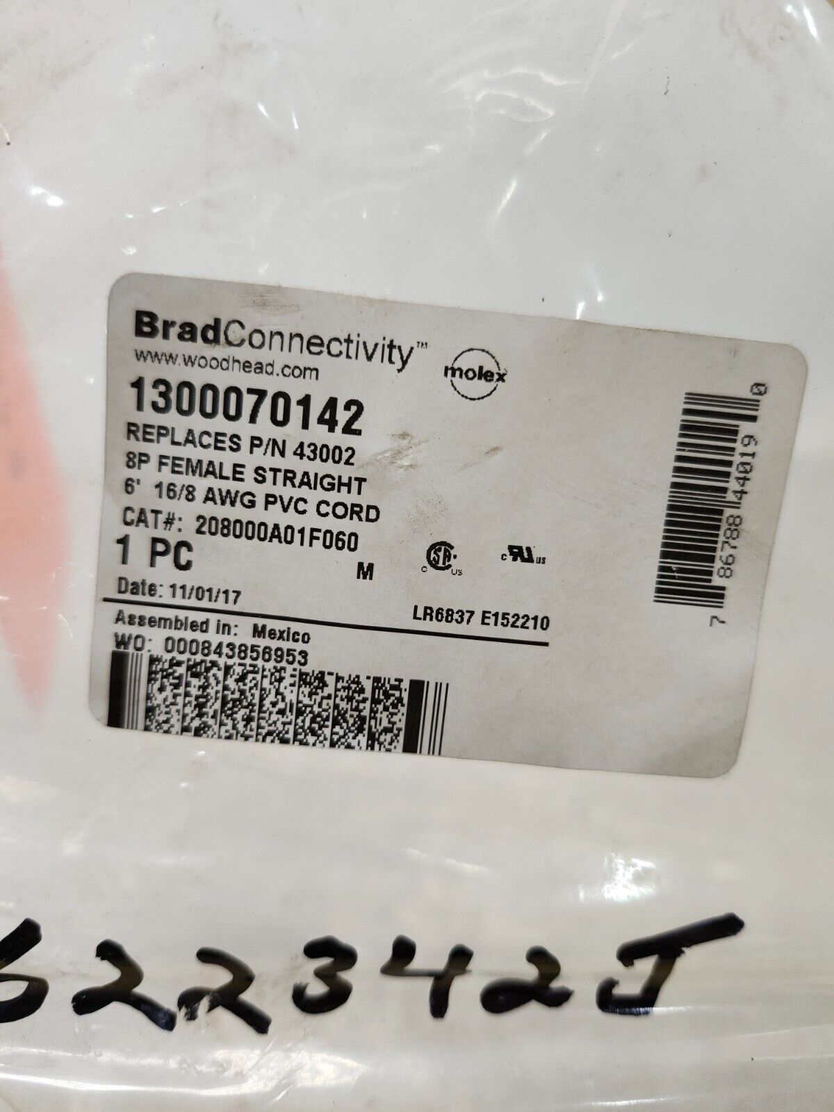 NEW IN PACKAGE BRAD CONNECTVITY 8P FEMALE STRAIGHT PVC CORD 1300070142