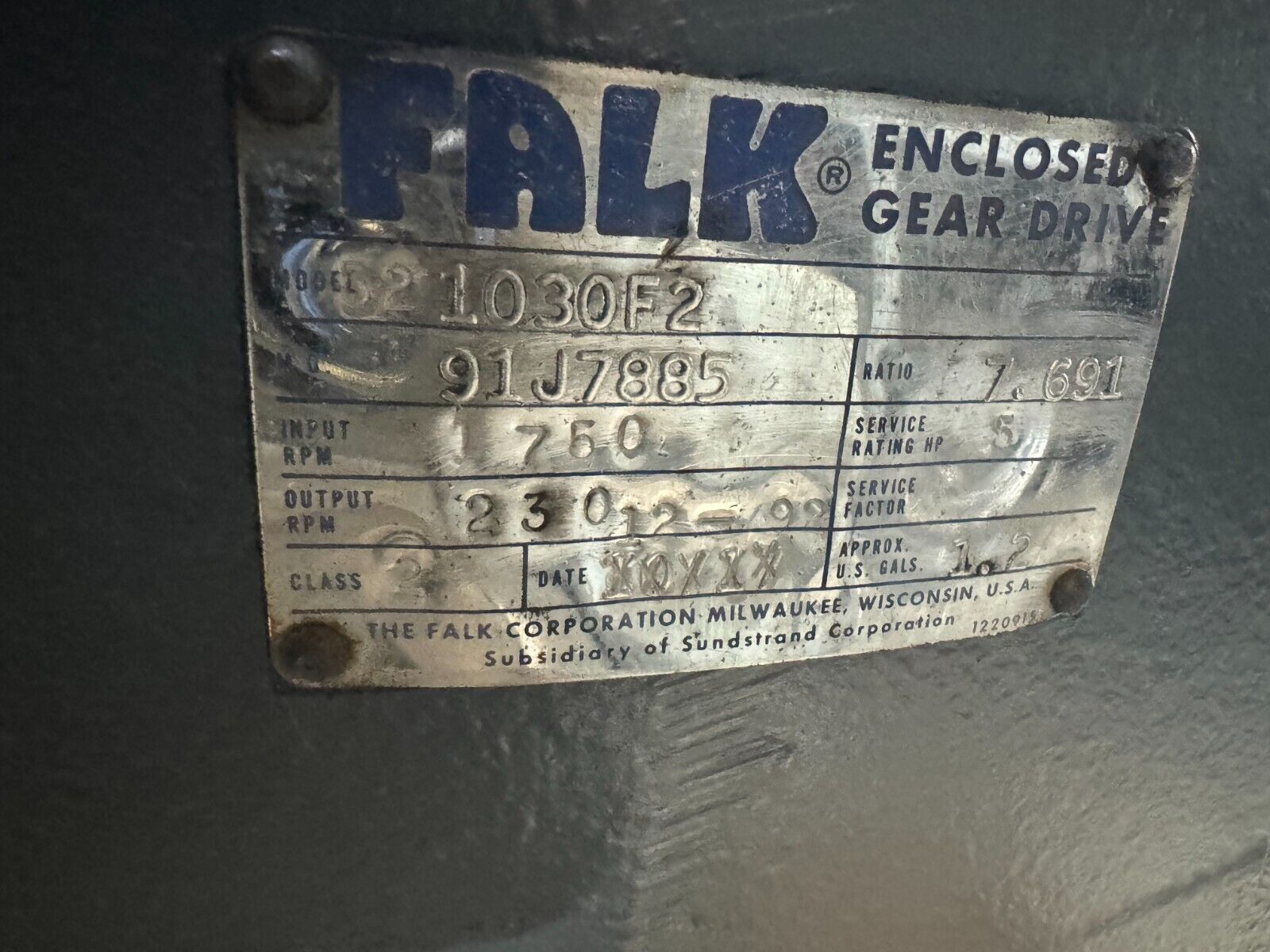 USED FALK ENCLOSED GEAR DRIVE SPEED REDUCER 7.691 RATIO 1030F2 WITH MOTOR MOUNT