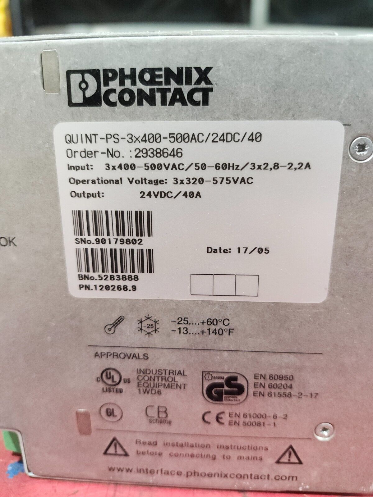 USED PHAENIX CONTACT POWER SUPPLY QUINT-PS-3X400-500AC/24DC/40