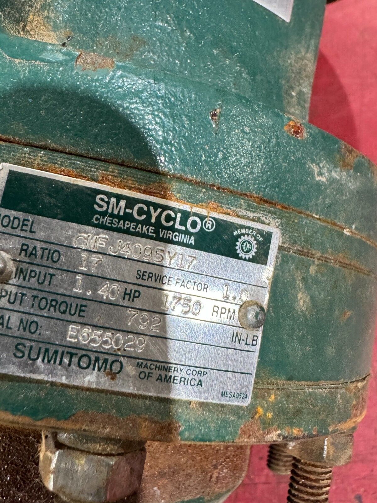 USED SUMITOMO SM-CYCLO GEAR REDUCER 17:1 RATIO CNF J4095Y17