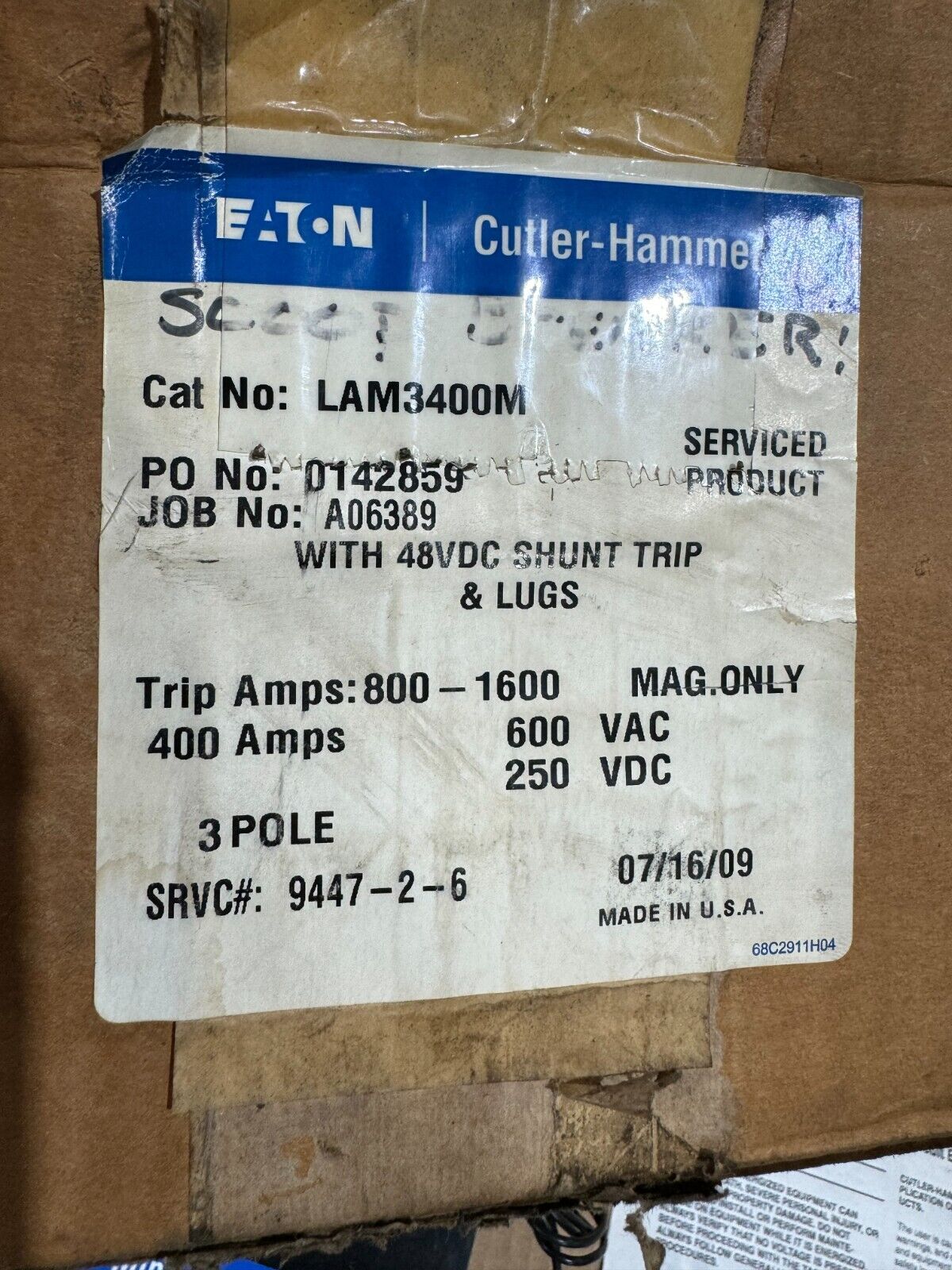 REFURBISHED CUTLER-HAMMER 400AMP 3 POLE MINING CIRCUIT BREAKER LAM3400M