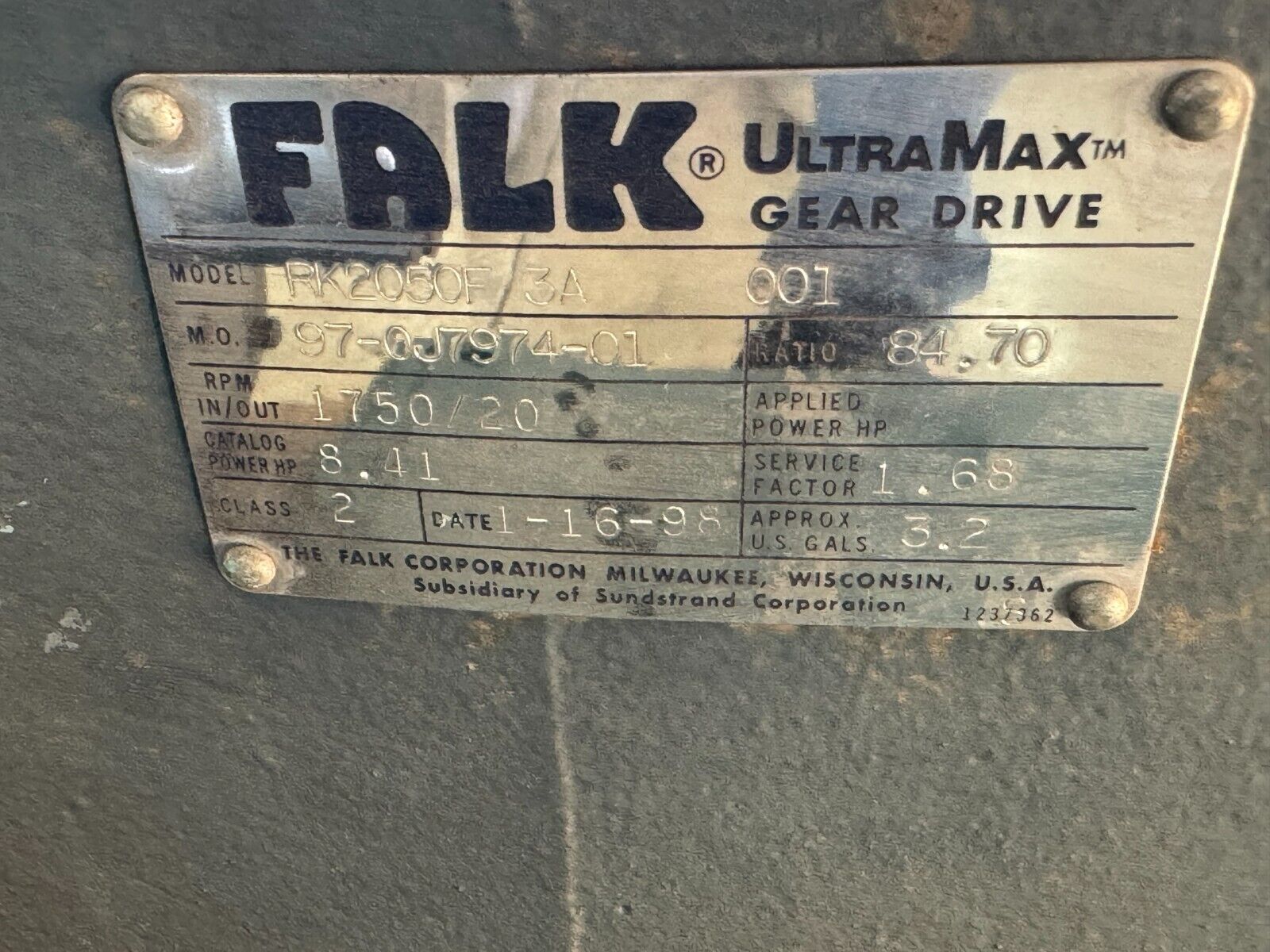 UNUSED SURPLUS FALK ULTRAMAX GEAR DRIVE SPEED REDUCER 84.70 RATIO RK2050F 3A