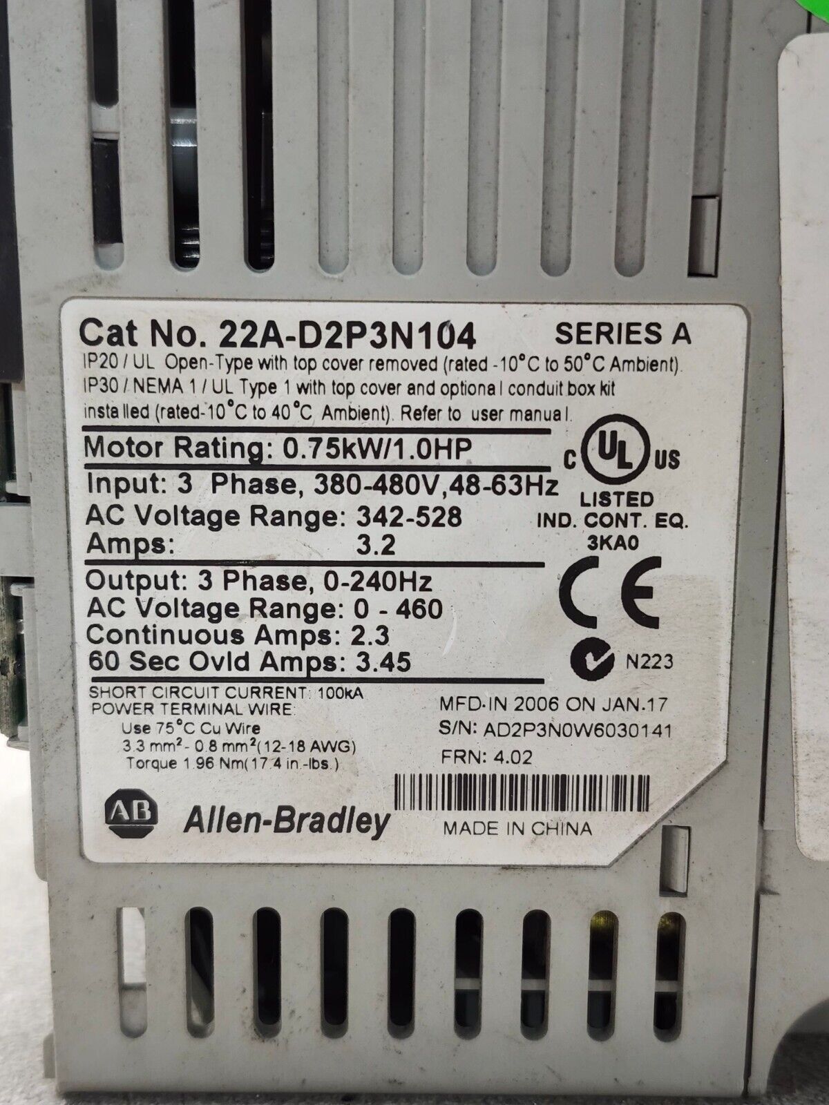 USED ALLEN-BRADLEY POWERFLEX 1HP DRIVE 22A-D2P3N104 SERIES A *MISSING COVER*