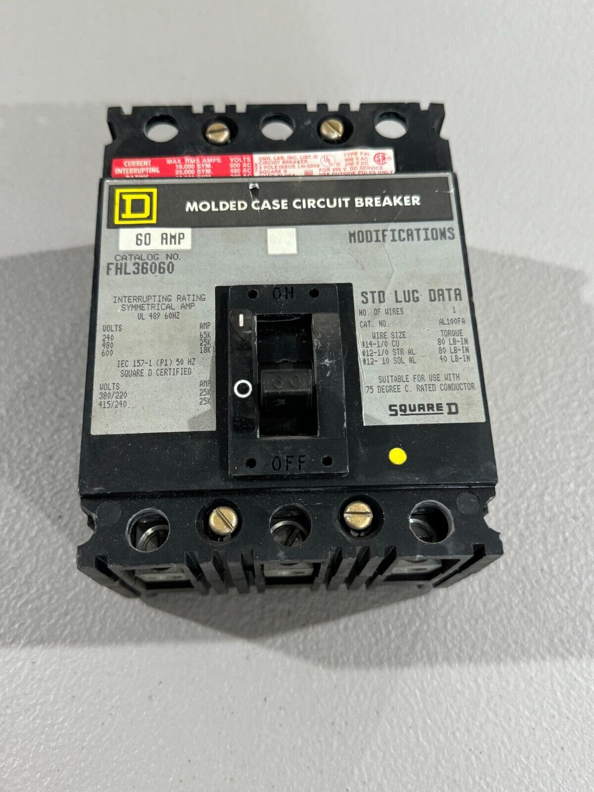 USED SQUARE D 3 POLE 60AMP CIRCUIT BREAKER FHL36060