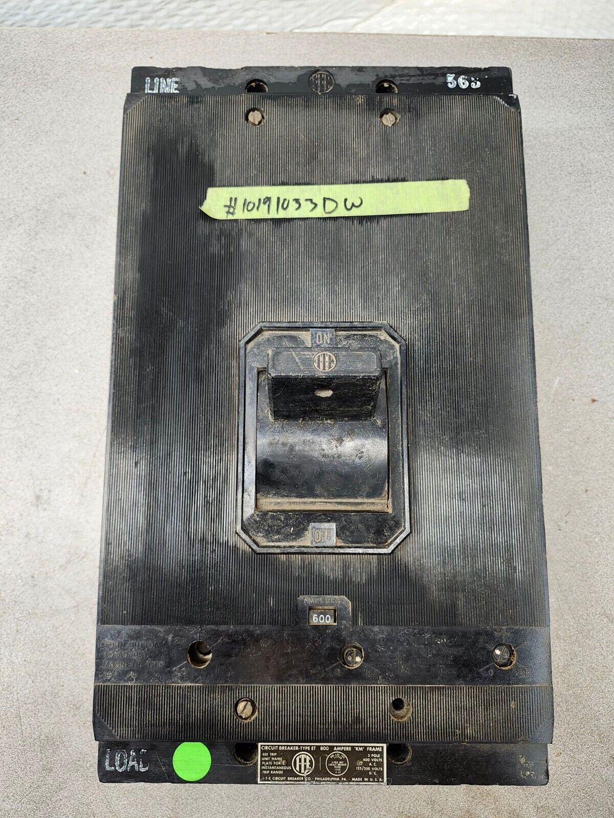 USED ITE Circuit Breaker Frame 3 Pole, 600 Volts AC Type ET 800 AMPERE "KM"