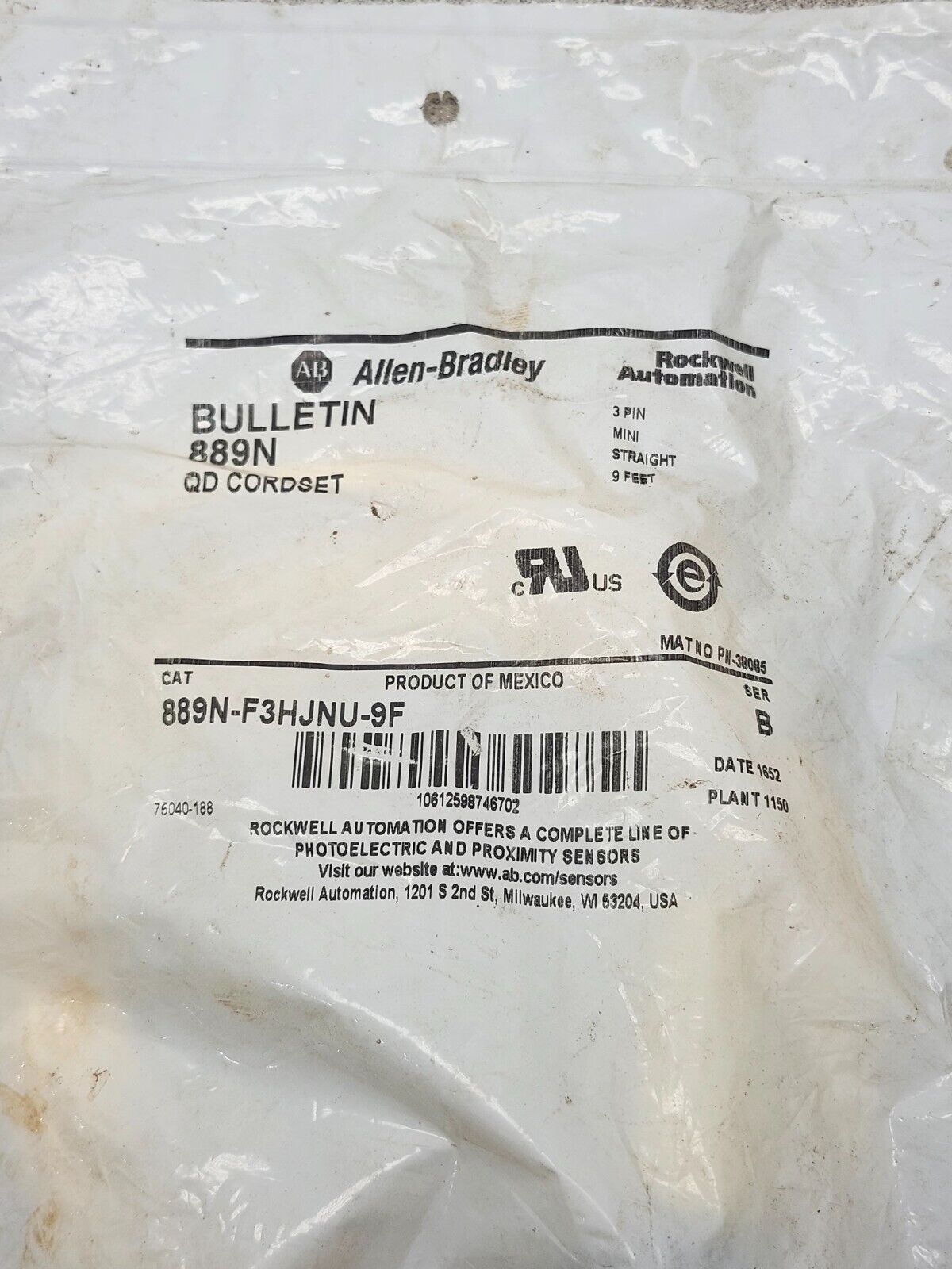 NEW IN PACKAGE ALLEN-BRADLEY QD CORDSET 889N-F3HJNU-9F SERIES B