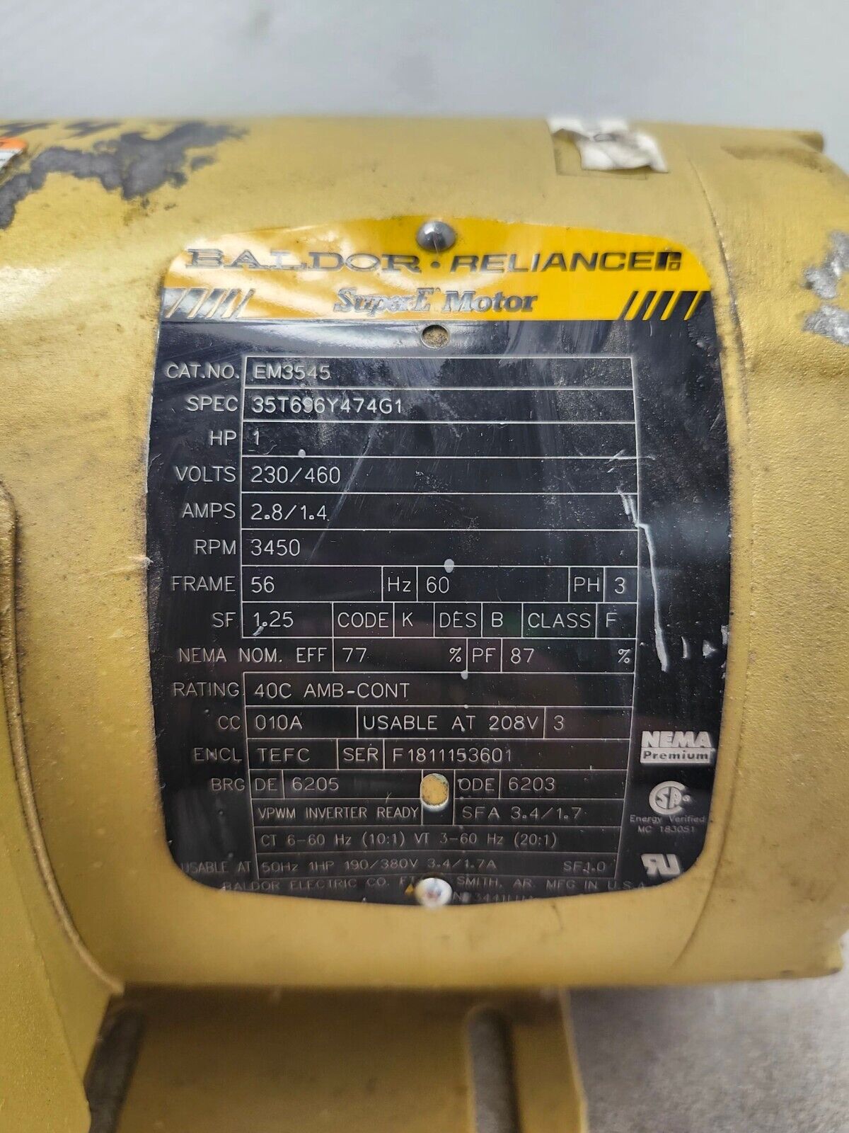 USED BALDOR 1HP ELECTRIC MOTOR 230/460V. 3,450RPM SUPER E EM3545