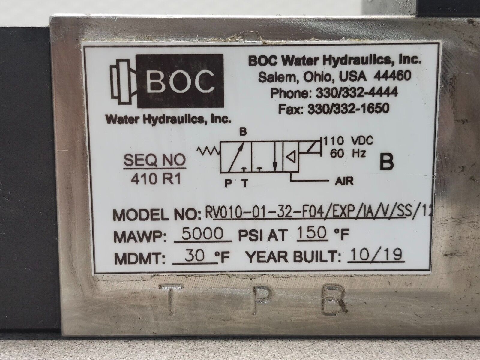 BOC WATER HYDRAULICS VALVE RV010-01-32-F04/EXP/IA/V/SS/12 WITH MAC 250B-110EAAU