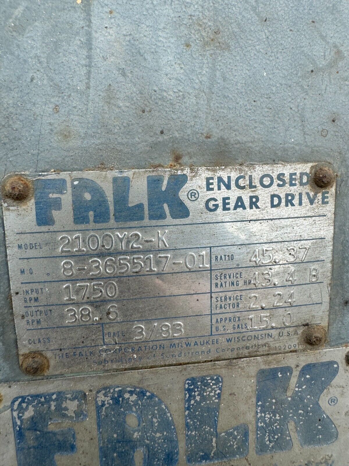 USED FALK ENCLOSED GEAR DRIVE SPEED REDUCER 45.37 RATIO 2100Y2-K