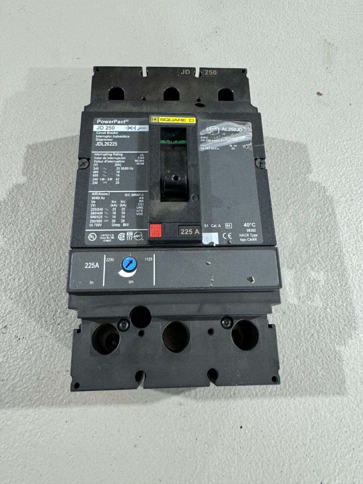 USED SQUARE D 2 POLE 225AMP POWERPACT CIRCUIT BREAKER JDL26225