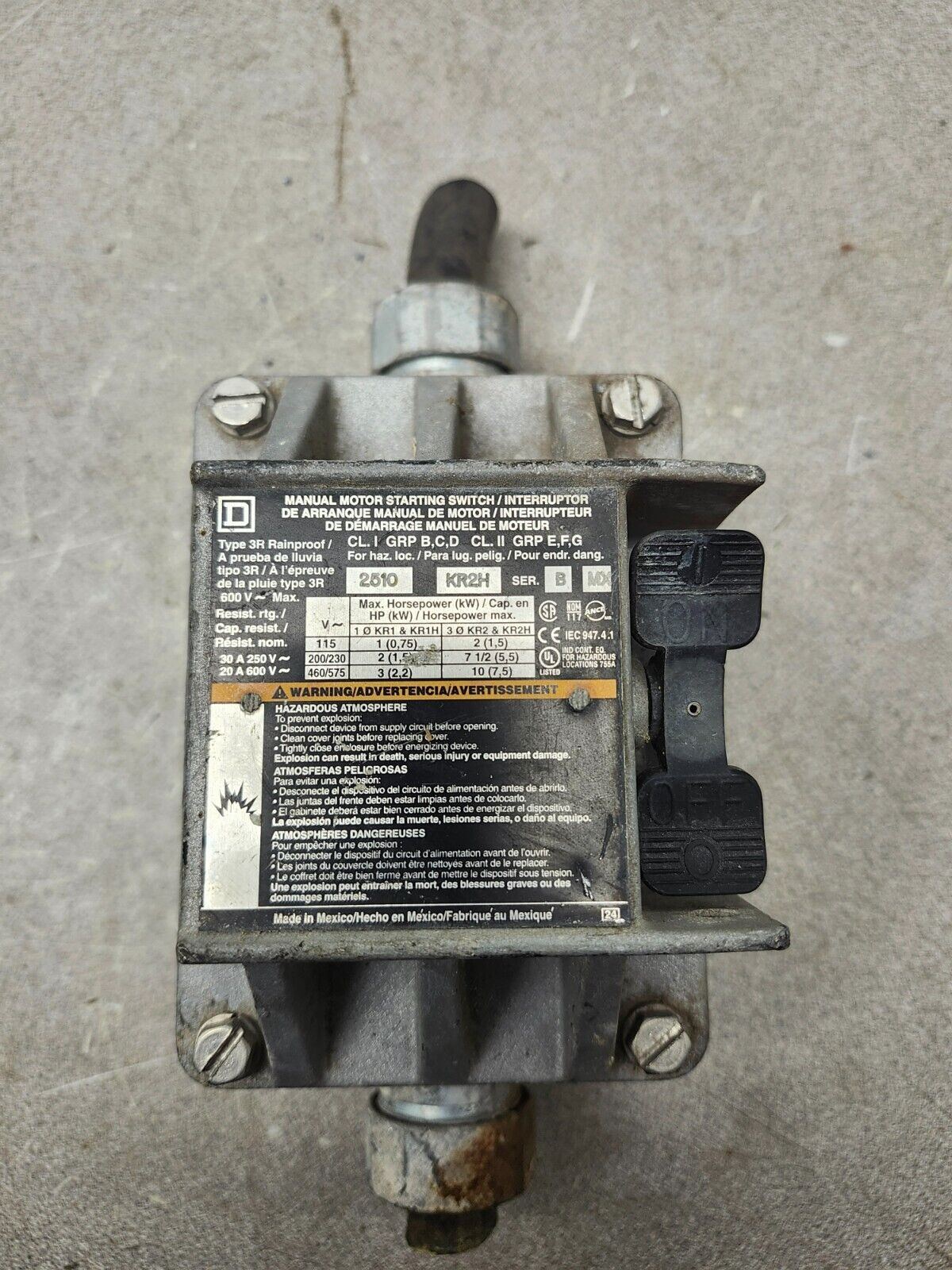 USED NO BOX Square D Manual Motor Starter Switch 2510-KR2H SER B