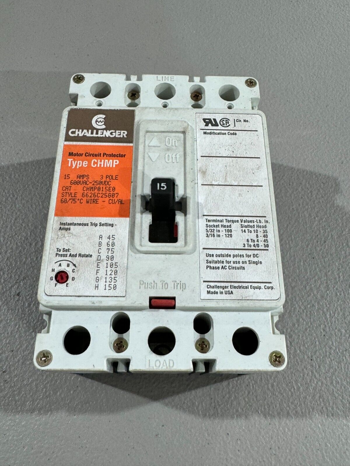 USED CHALLENGER 3 POLE 15AMP CIRCUIT BREAKER CHMP015E0