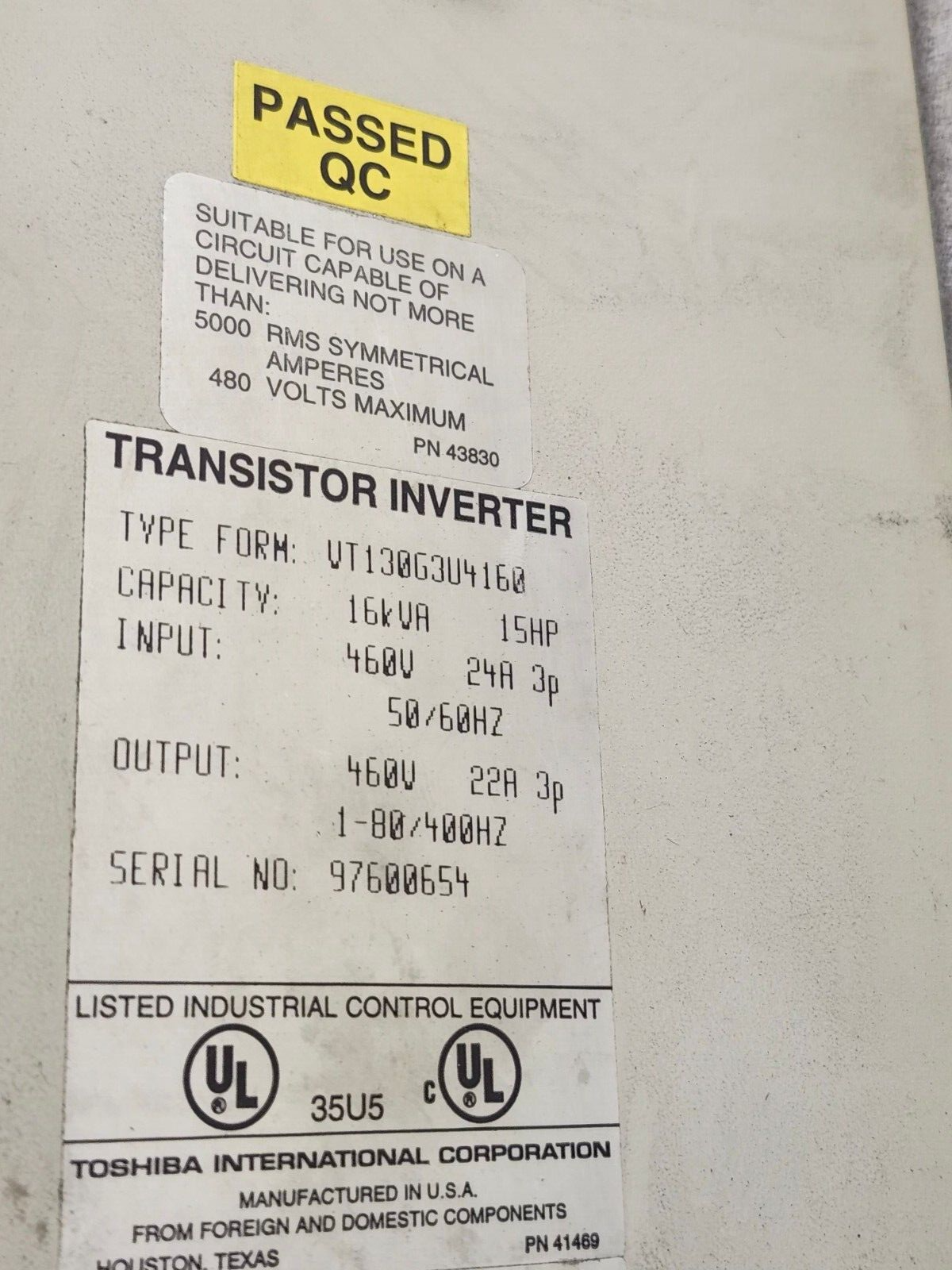 USED TOSHIBA G3 15HP TRANSISTOR INVERTER VT130G3U4160