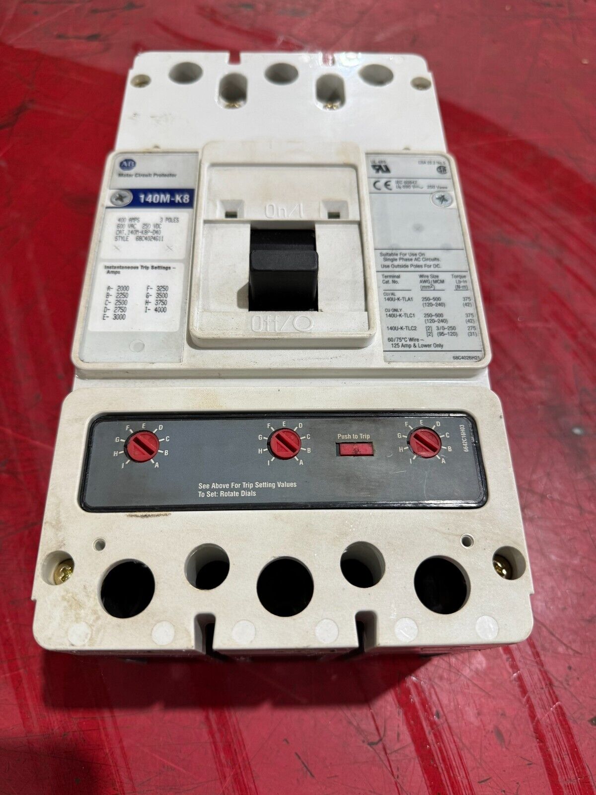 USED ALLEN-BRADLEY 3 POLE 400AMP CIRCUIT BREAKER 140M-K8P-D40