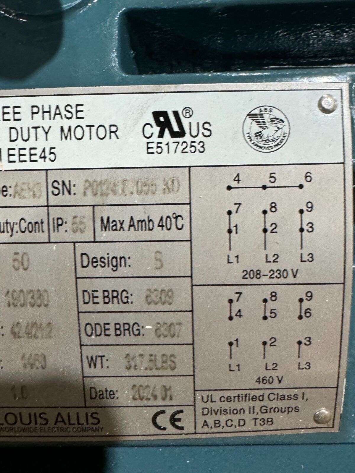 NEW WORLDWIDE LOUIS ALLIS 15HP 1770RPM MOTOR 254T FRAME 230/460V. LAM15-18-254T