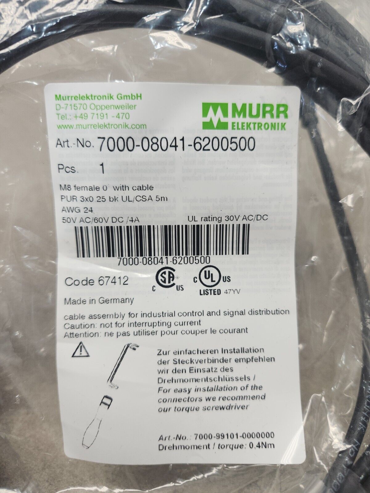 NEW IN BAG LOT OF 5 MURR ELECTRONIK CONNECTOR CABLE M8 FEMALE 7000-08041-6200500