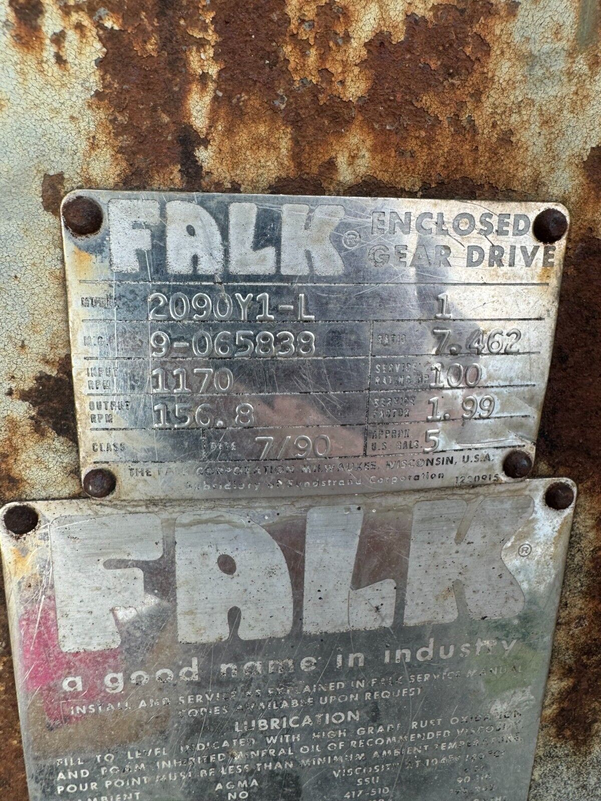 USED FALK ENCLOSED GEAR DRIVE SPEED REDUCER 7.462 RATIO 2090Y1-L