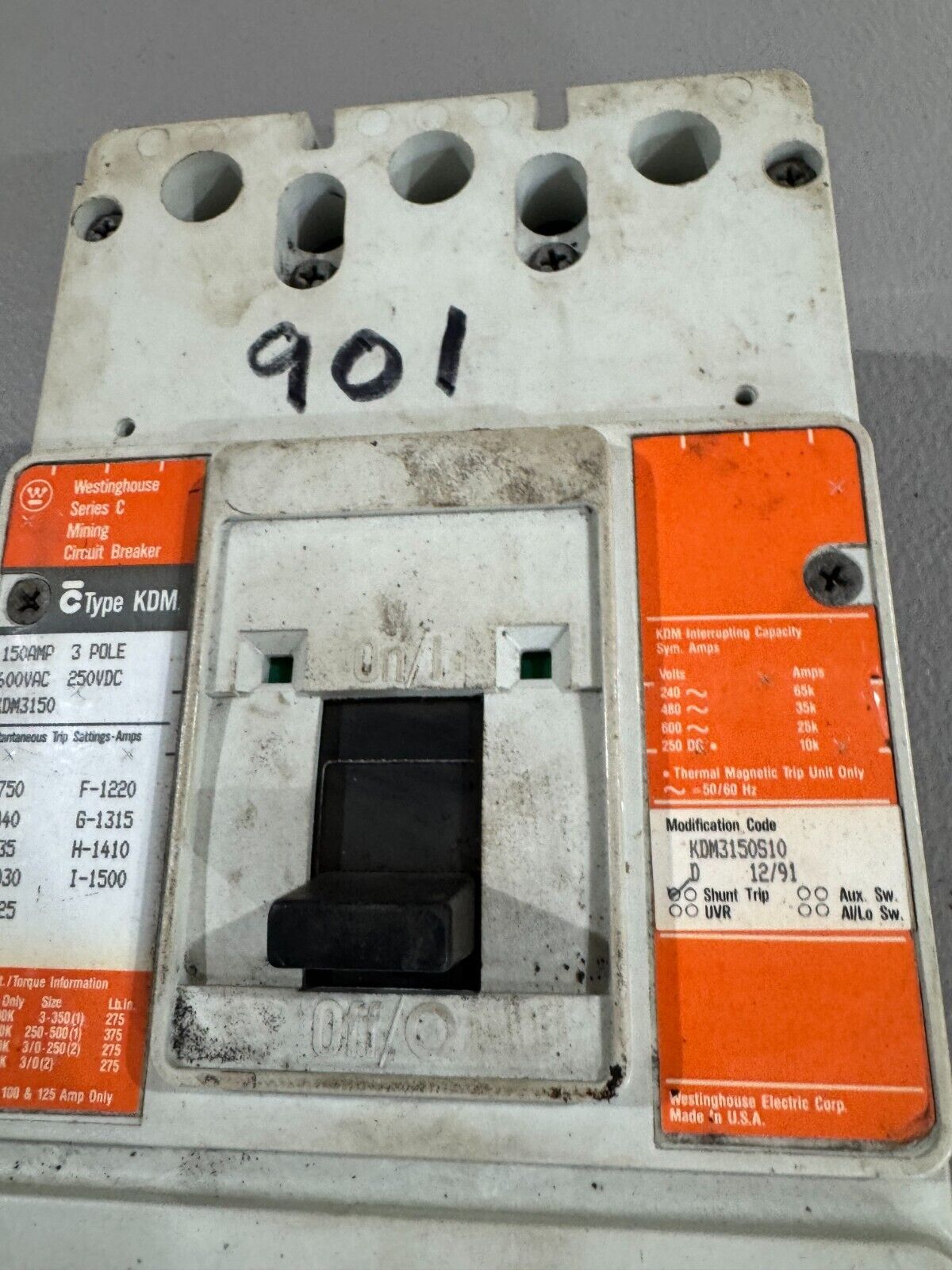 USED WESTINGHOUSE 3 POLE 150AMP MINING CIRCUIT BREAKER KDM3150