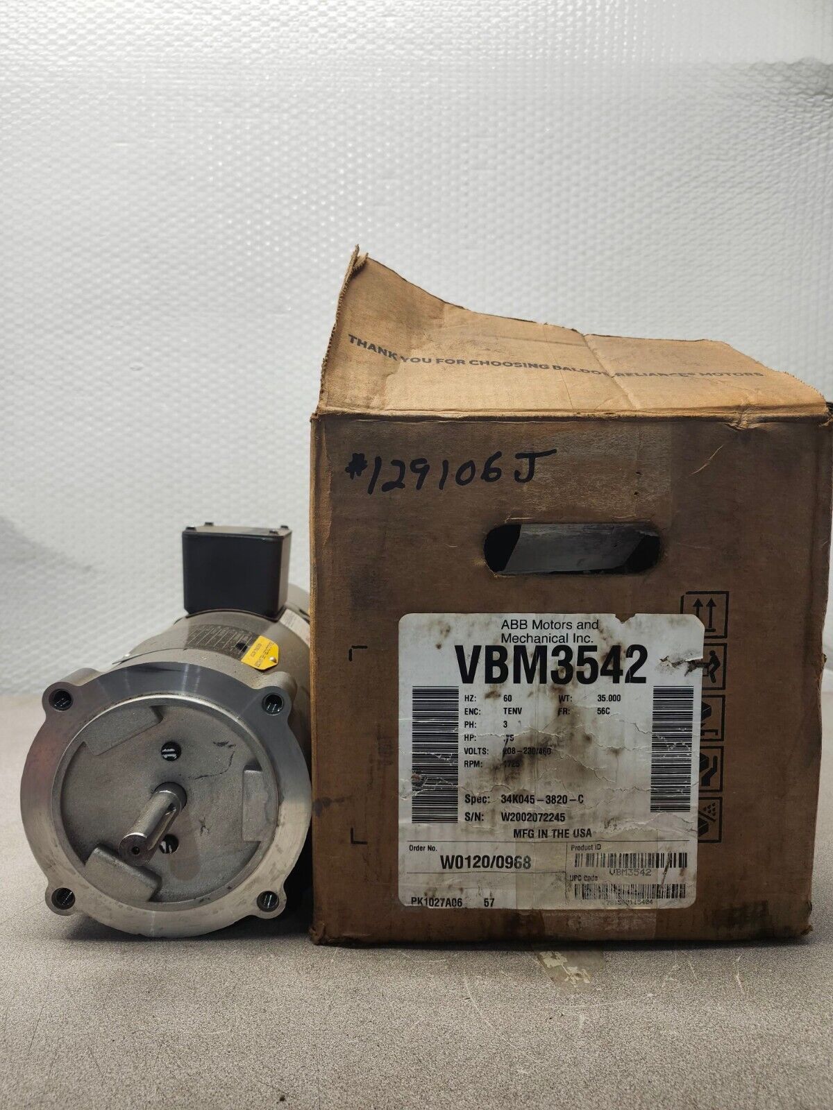 NEW IN BOX ABB MOTOR .75HP,1725RPM,3PH,60HZ,56C VBM3542