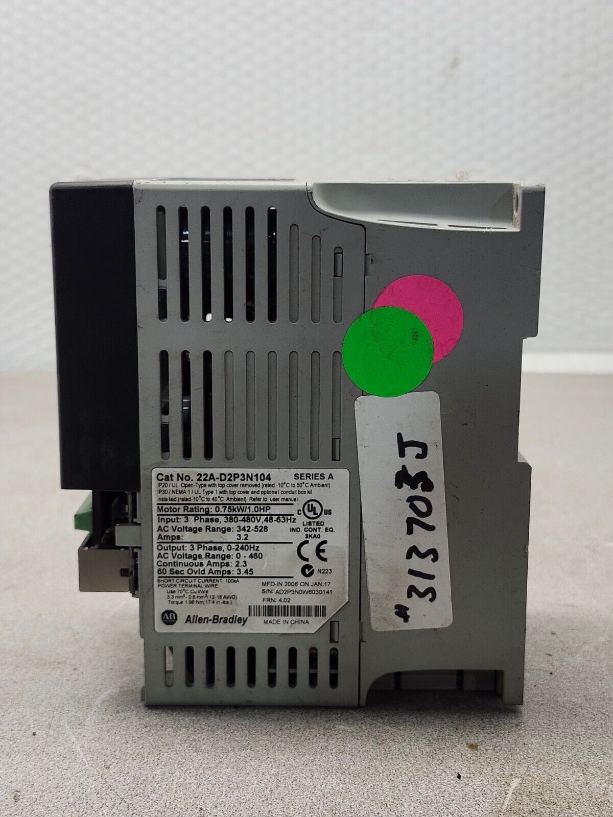 USED ALLEN-BRADLEY POWERFLEX 1HP DRIVE 22A-D2P3N104 SERIES A *MISSING COVER*