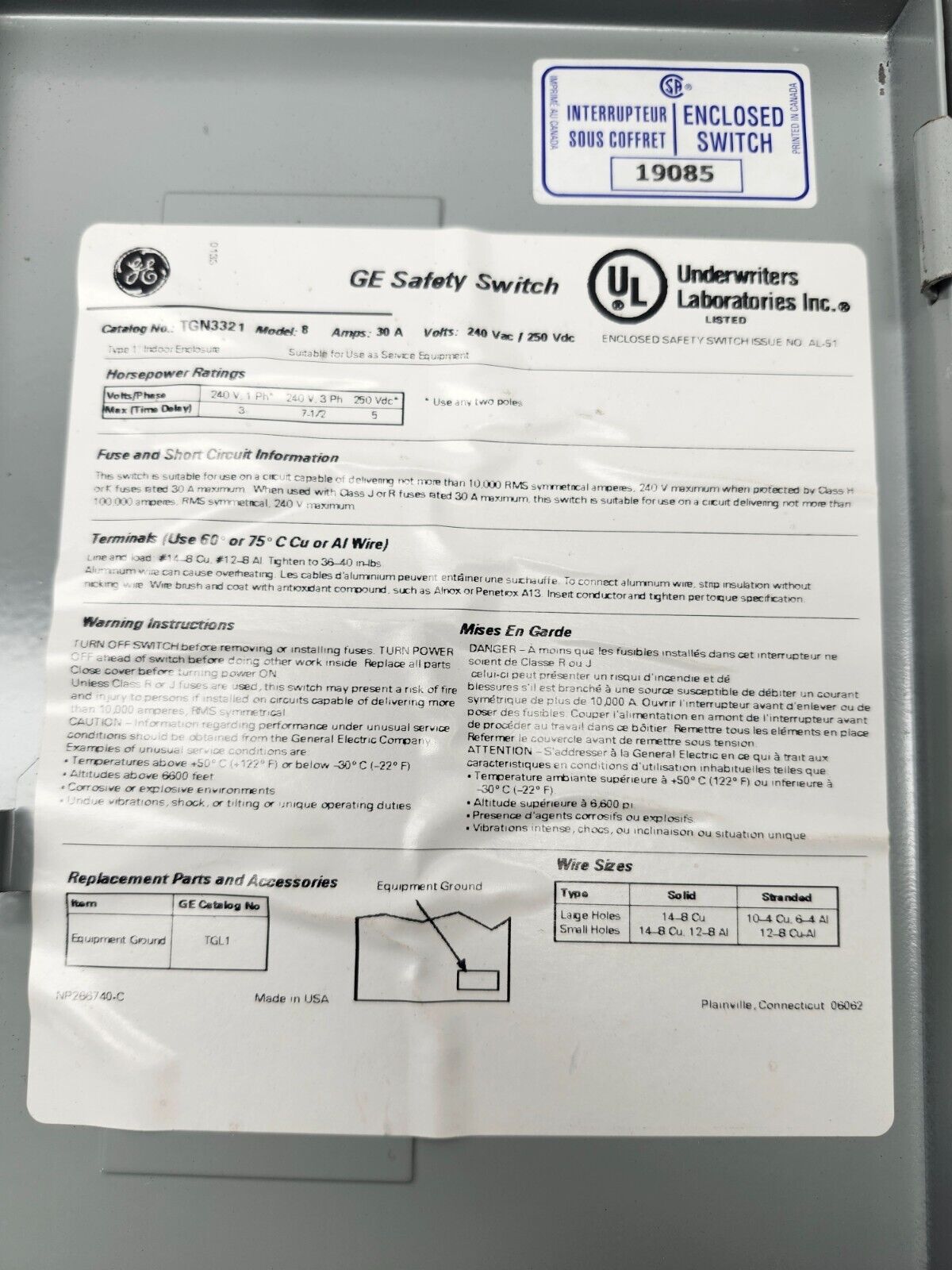 USED General Electric SAFETY SWITCH 30AMPS, 240VAC TGN3321