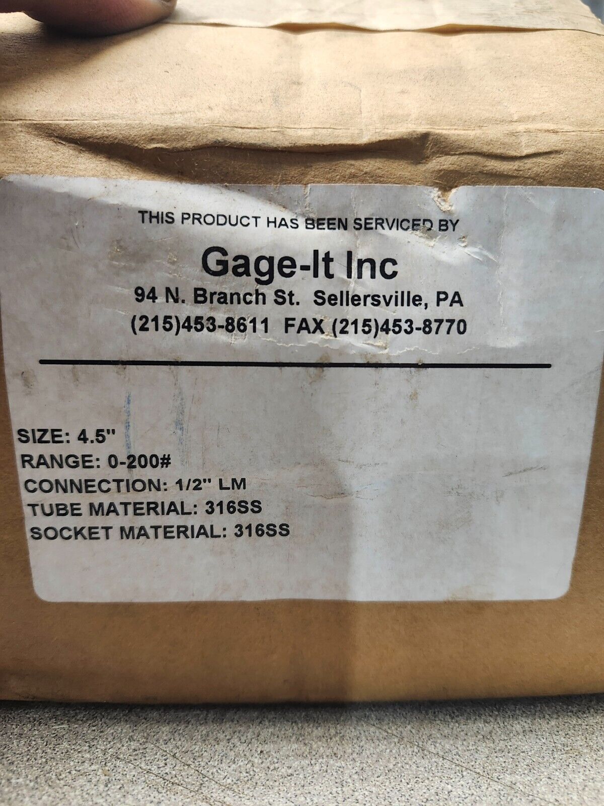 NEW GAGE-IT 4-1/2" 0-200# PRESSURE GAUGE 1/2" CONN. 316SS