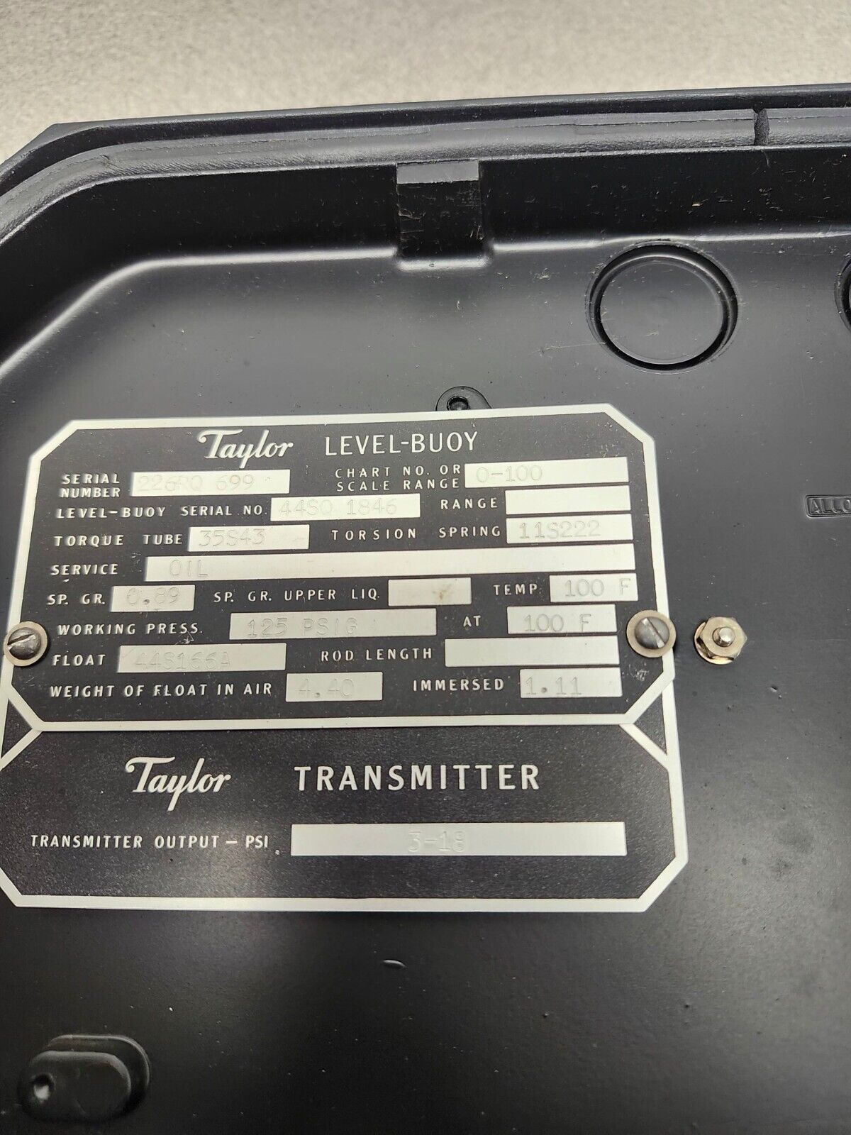 USED Taylor Level-buoy Fulscope Pressure Transmitter 3-18psi Rev 1  JS-342-A