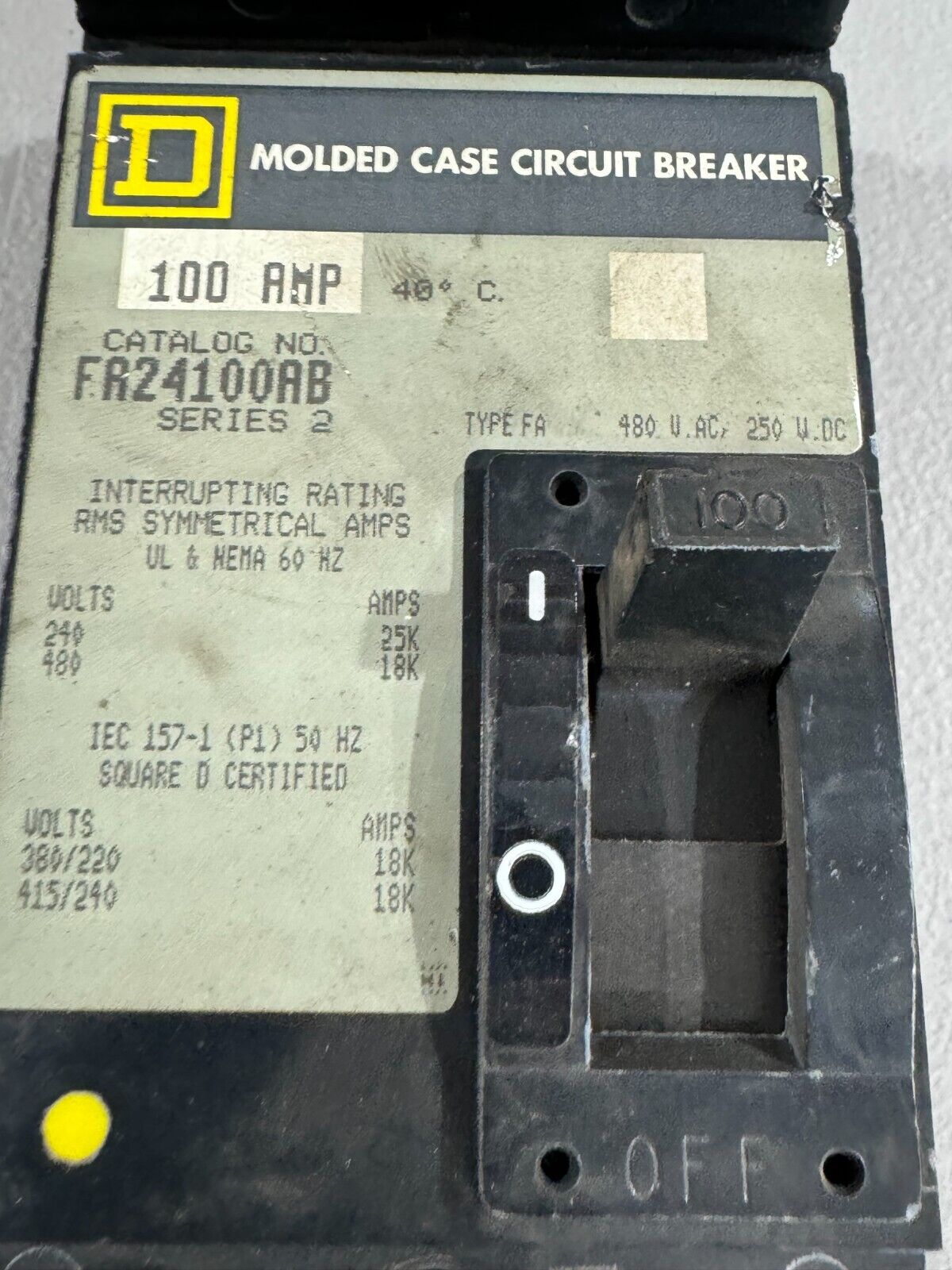 USED SQUARE D 2 POLE 100AMP CIRCUIT BREAKER FA24100AB