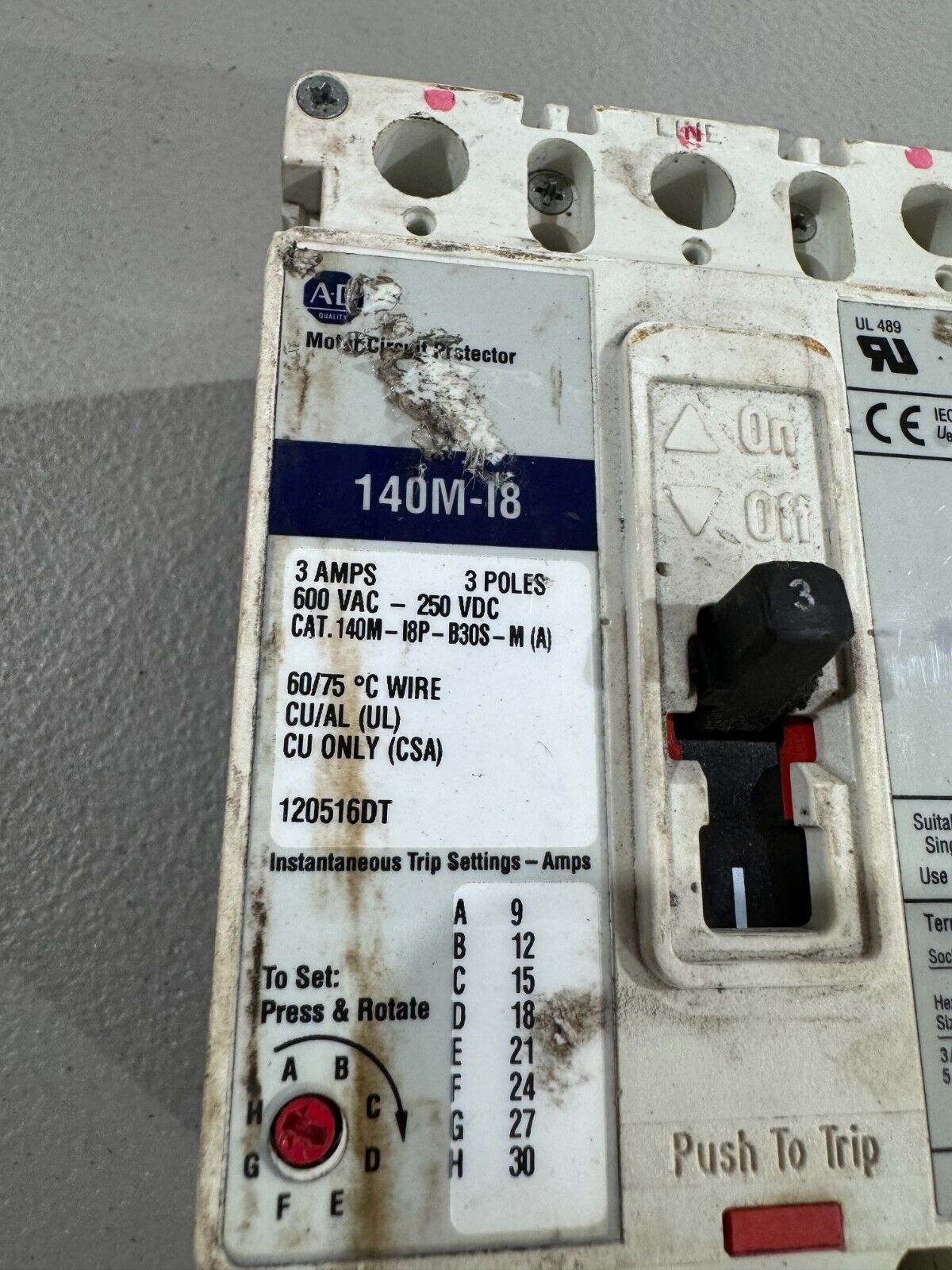 USED ALLEN-BRADLEY 3 POLE 3AMP CIRCUIT BREAKER 140M-I8P-B30S-M