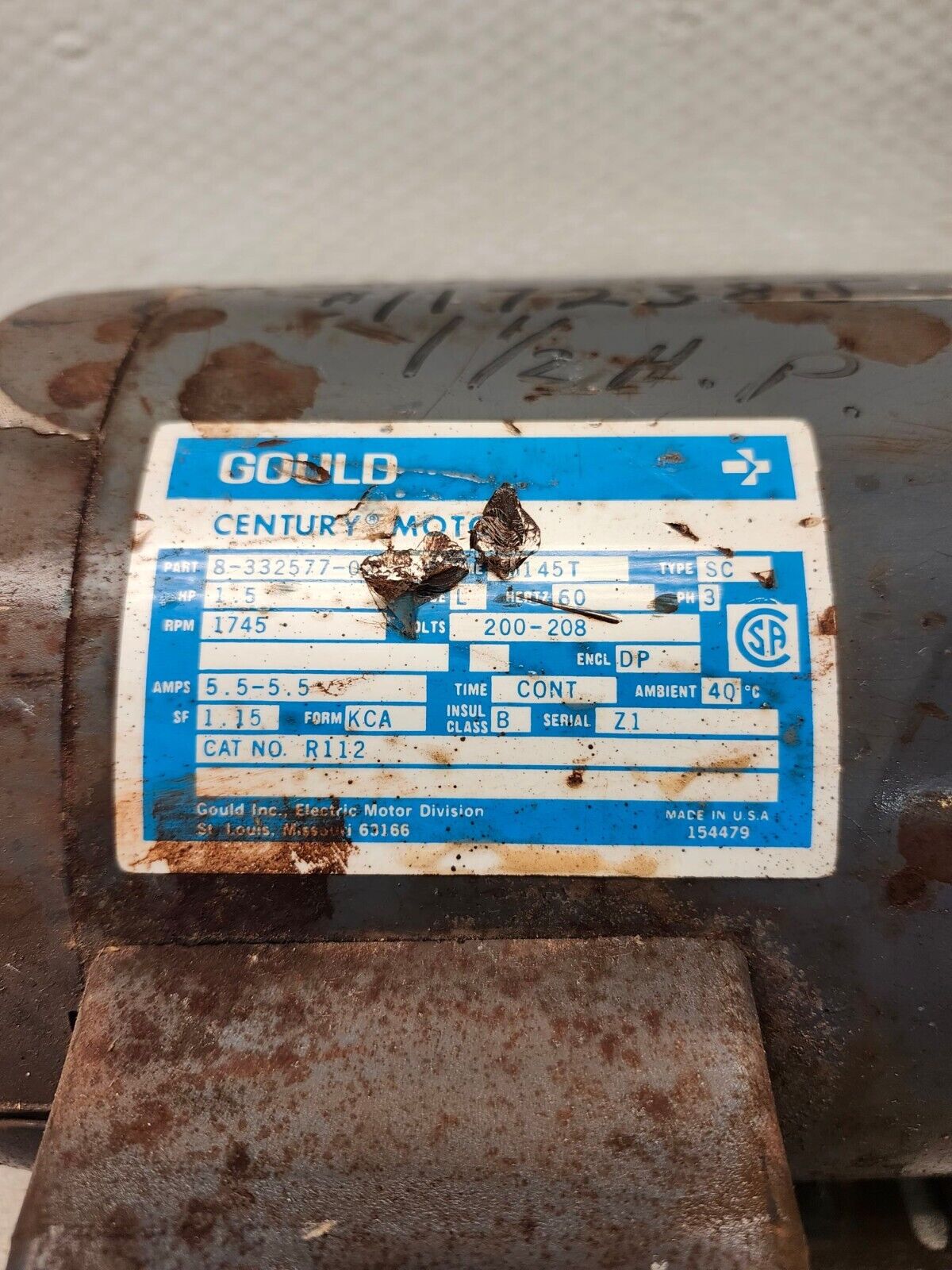 USED Gould Century MOTOR  200-208v 1.5hp 8-332577-02