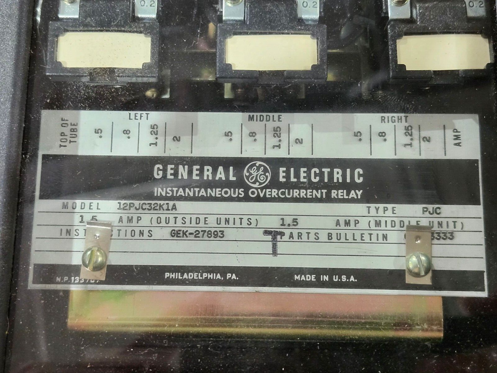 USED GENERAL ELECTRIC INSTANTANEOUS OVERCURRENT RELAY 12PJC32K1A TYPE PJC