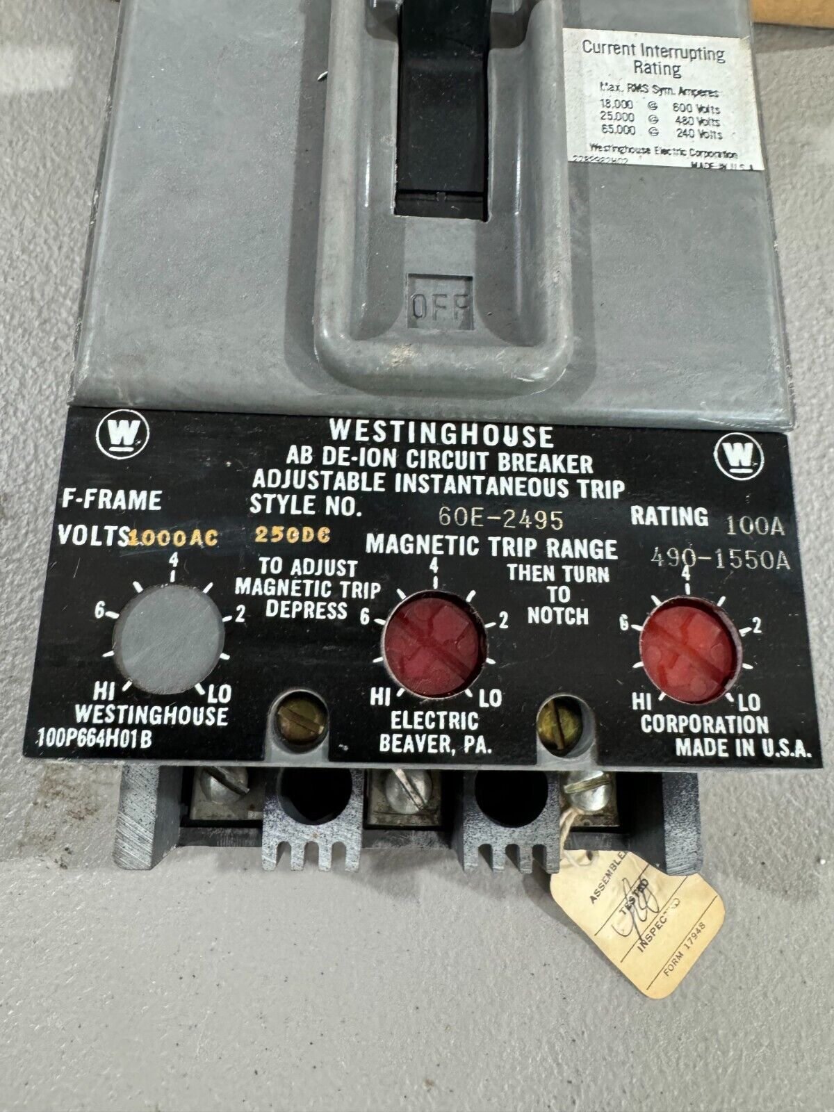 NEW IN BOX WESTINGHOUSE AB DE-ION CIRCUIT BREAKER F-FRAME 100AMP 60E-2495