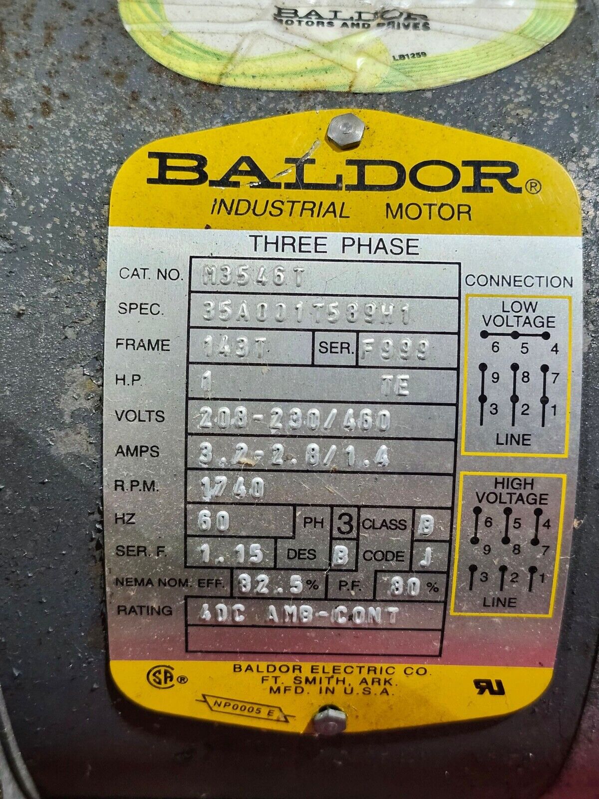 USED BALDOR INDUSTRIAL MOTOR M3546T 35A001T589H1