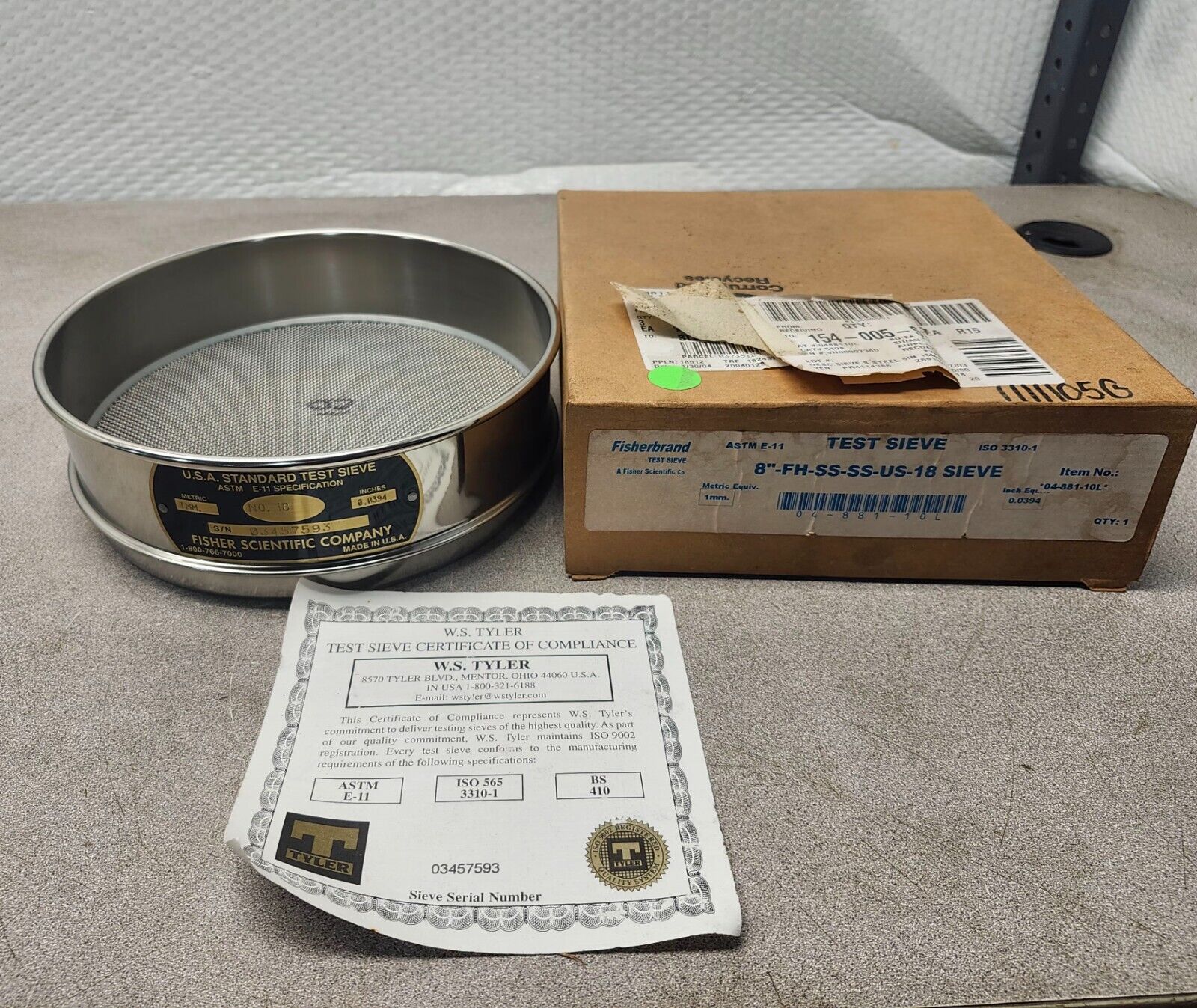 NEW IN BOX FISHERBRAND TEST SIEVE 8"-FH-SS-SS-US-18