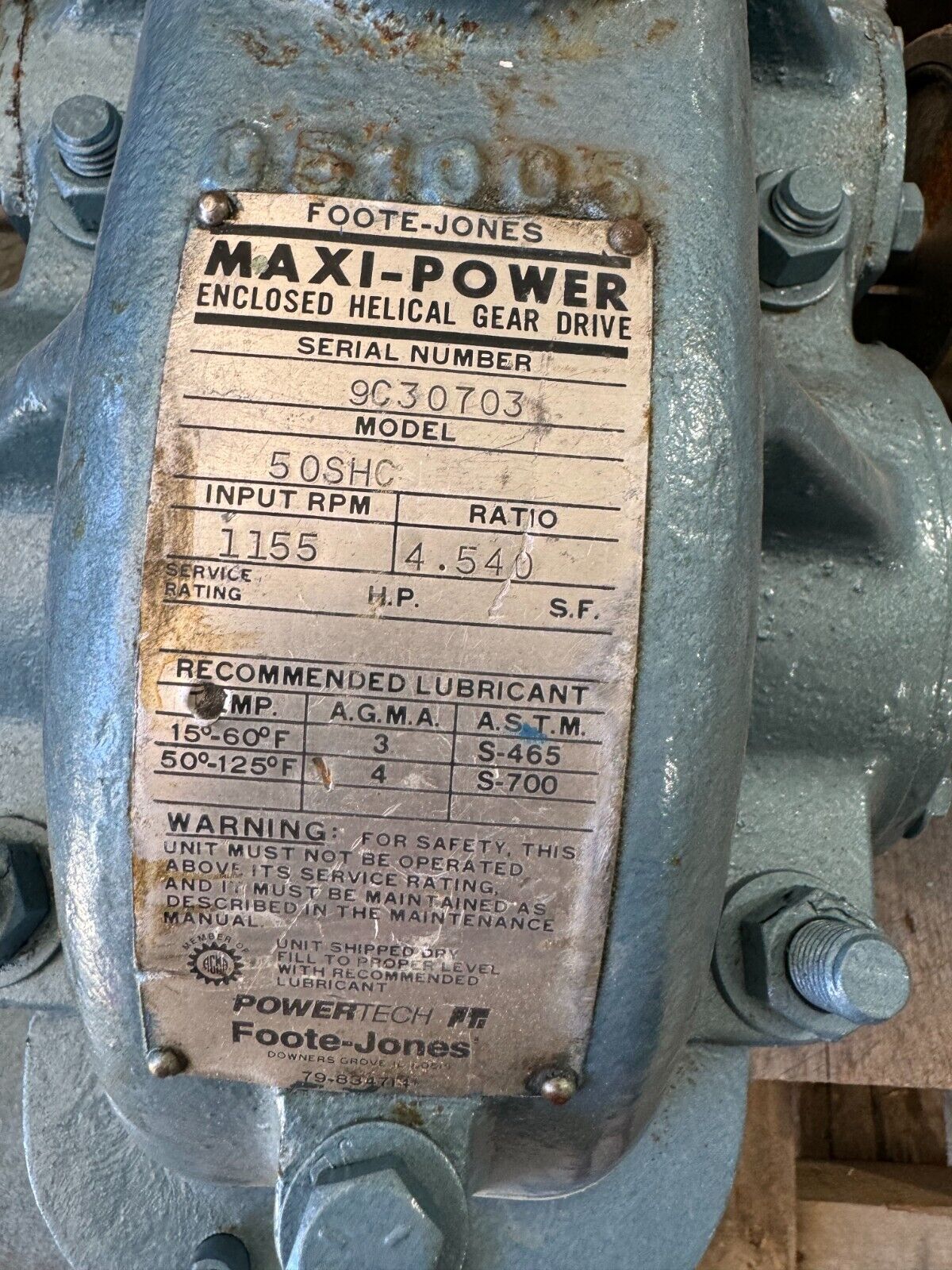 FOOTE-JONES MAXI-POWER ENCLOSED HELICAL GEAR DRIVE 4.540 RATIO REDUCER 50SHC