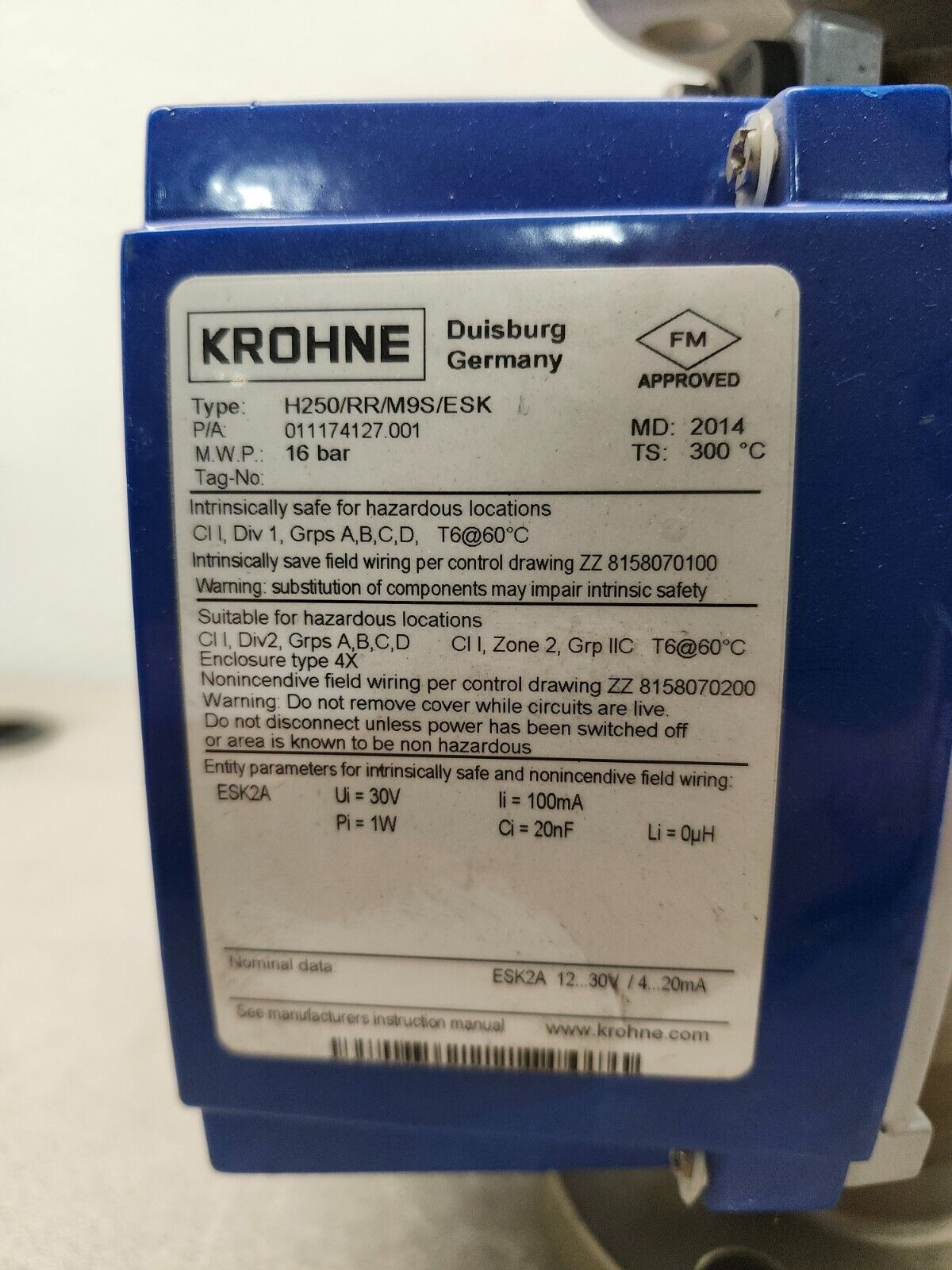 NEW NO BOX KROHNE VARIABLE AREA FLOWMETER 1,1/2''  H250/RP/M9S/ESK